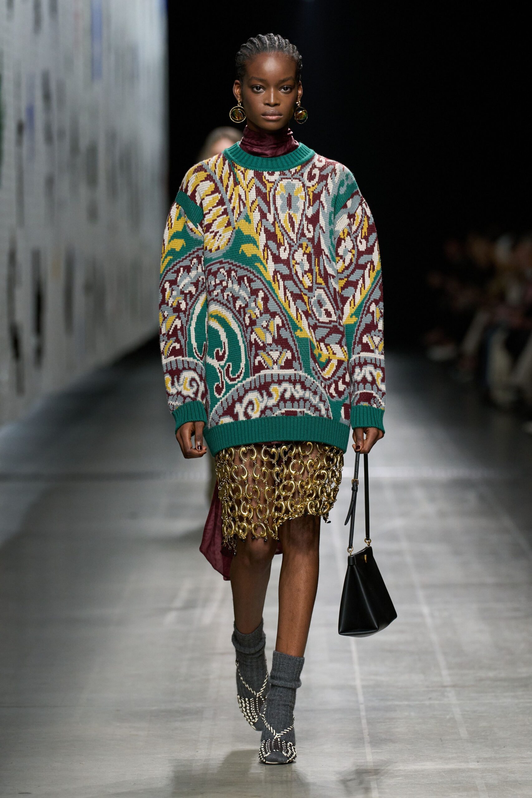 green wool long-sleeve high-neck oversized printed sweater