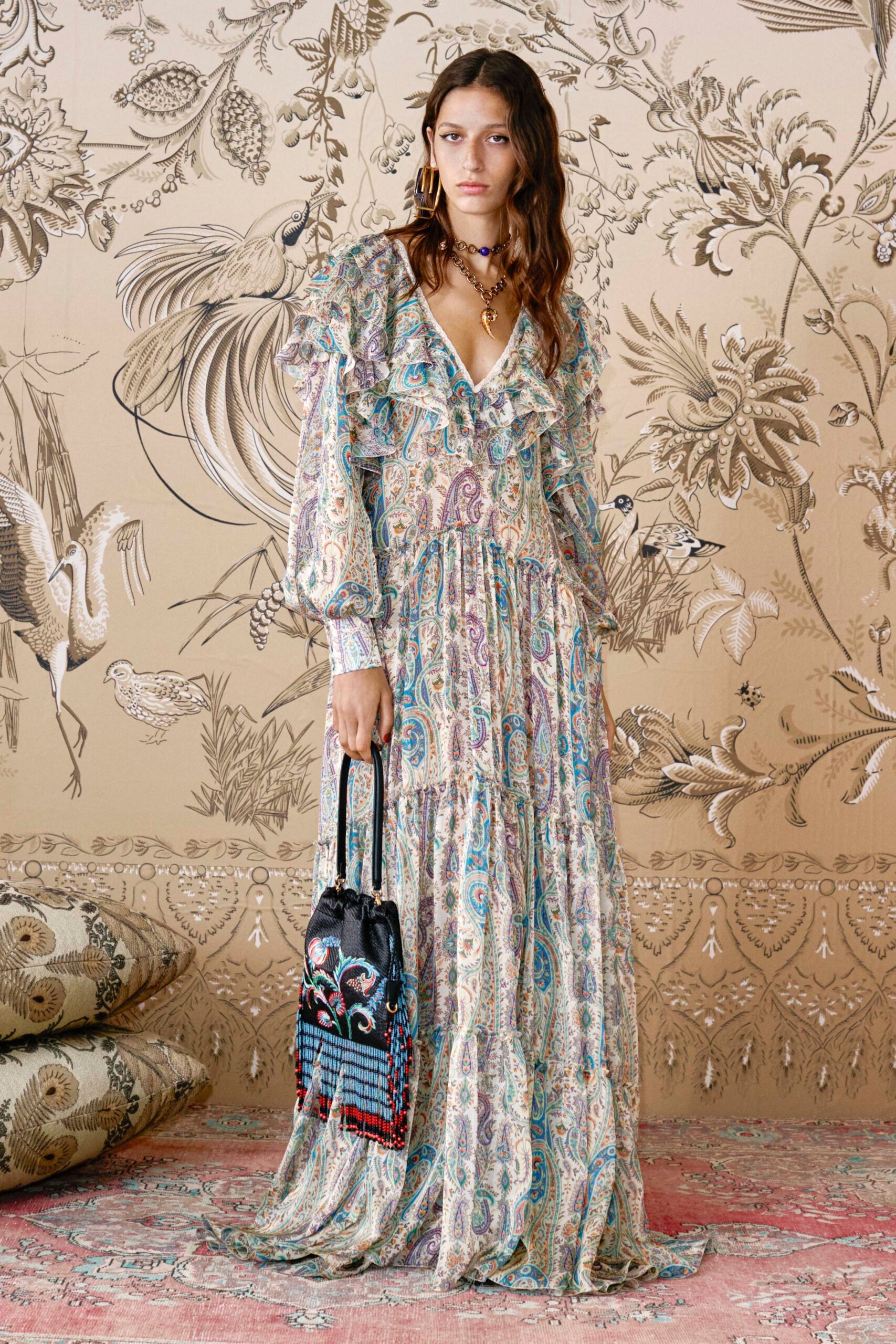 multi-colored ruffled maxi dress