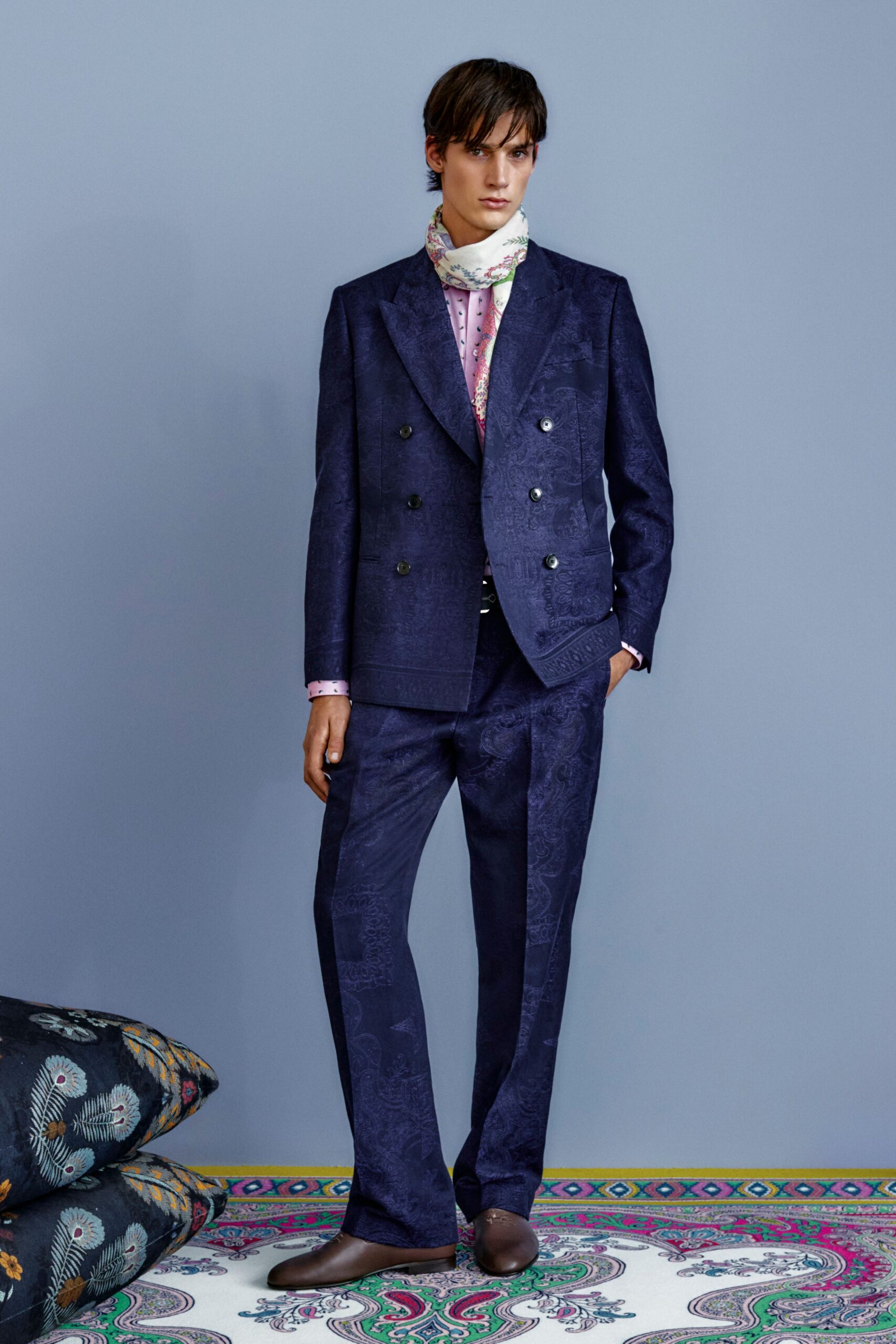 blue cotton long-sleeve collared tailored buttoned printed suit