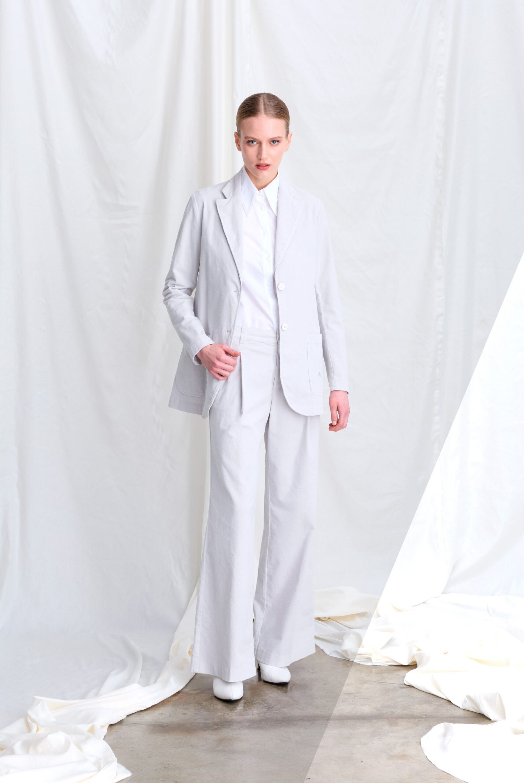 white tailored blazer and pants