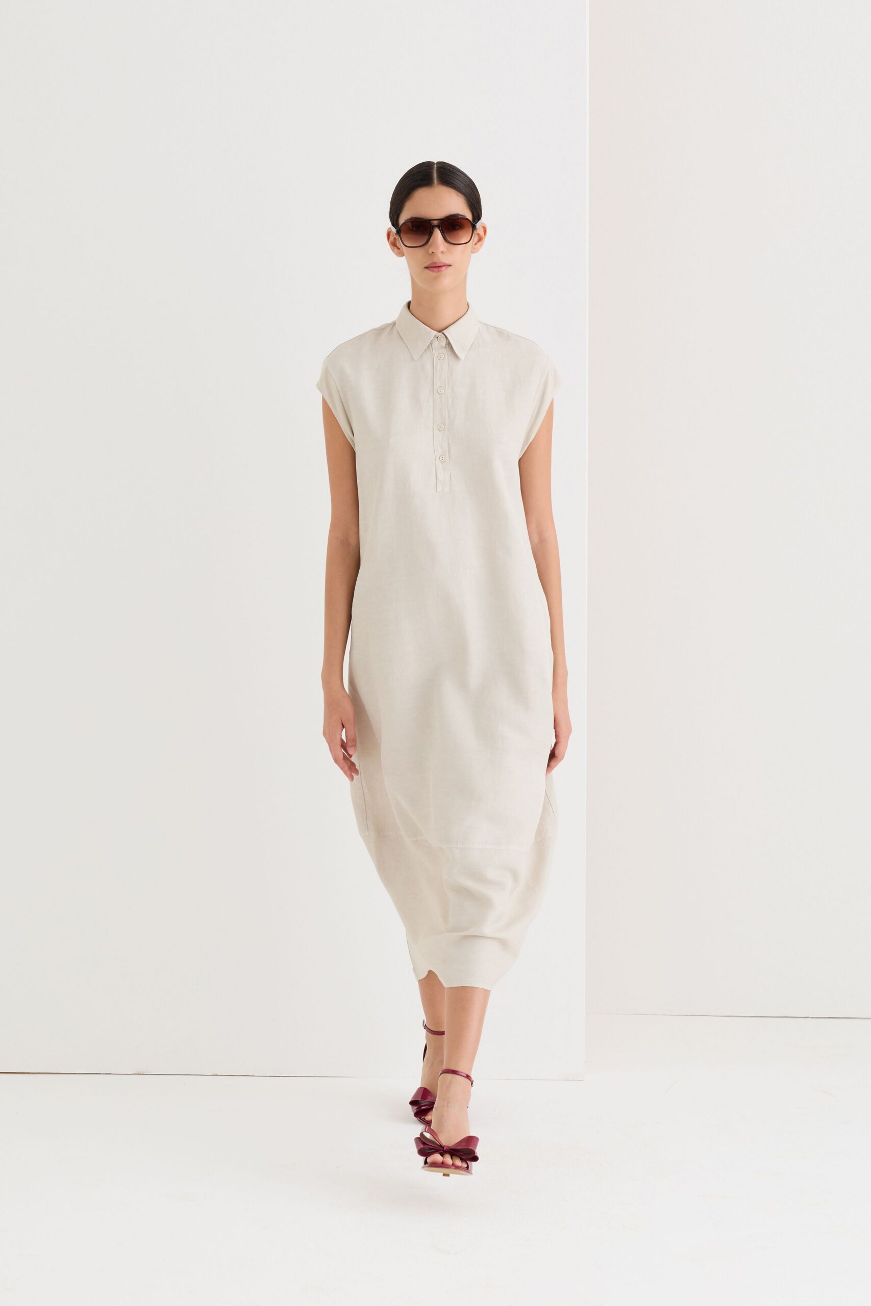 beige linen short-sleeve collared relaxed straight-leg midi dress