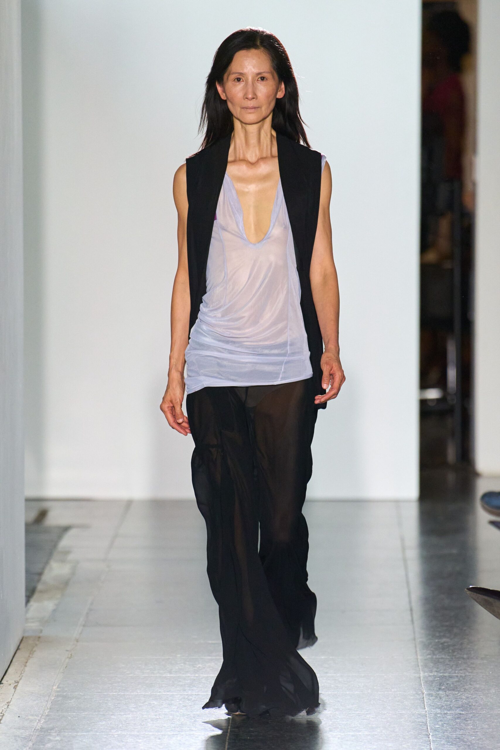white silk sleeveless v-neck fitted sheer flowing top