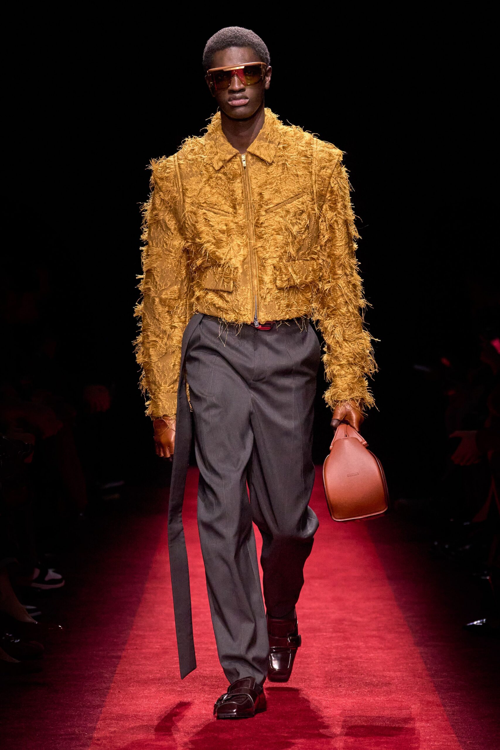 yellow fur long-sleeve collared fitted fringed jacket