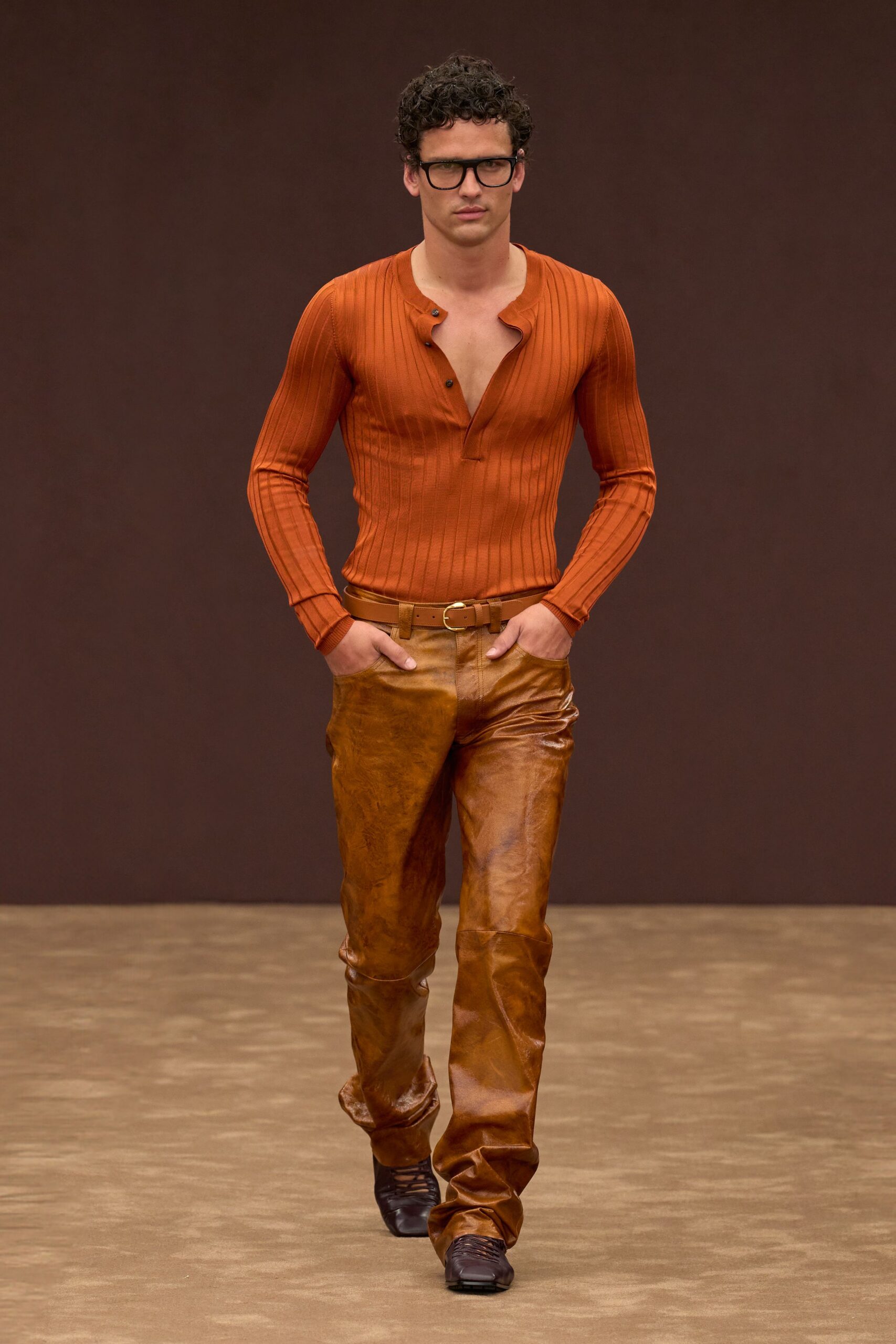 orange cotton long-sleeve v-neck fitted ribbed top