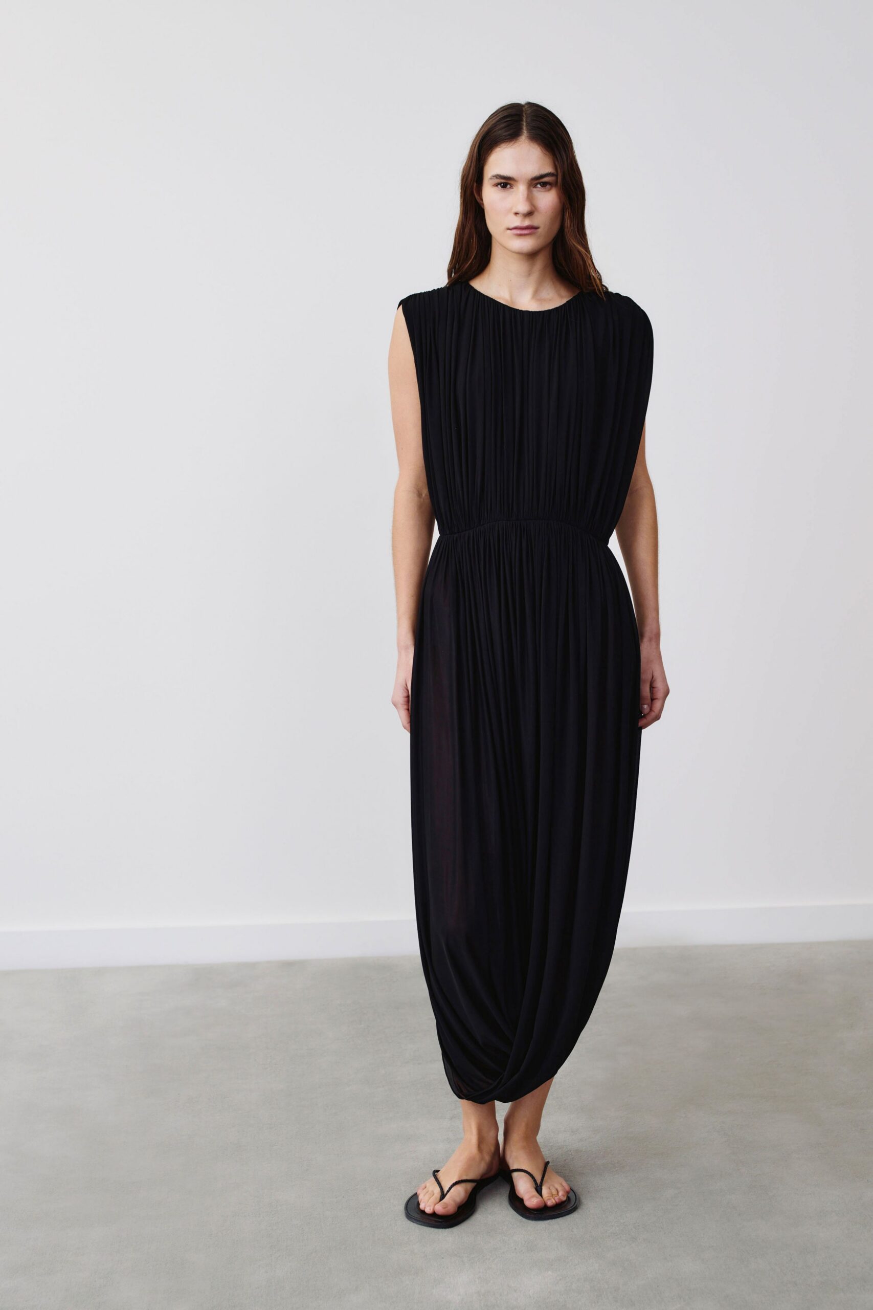 black pleated maxi dress with sandals