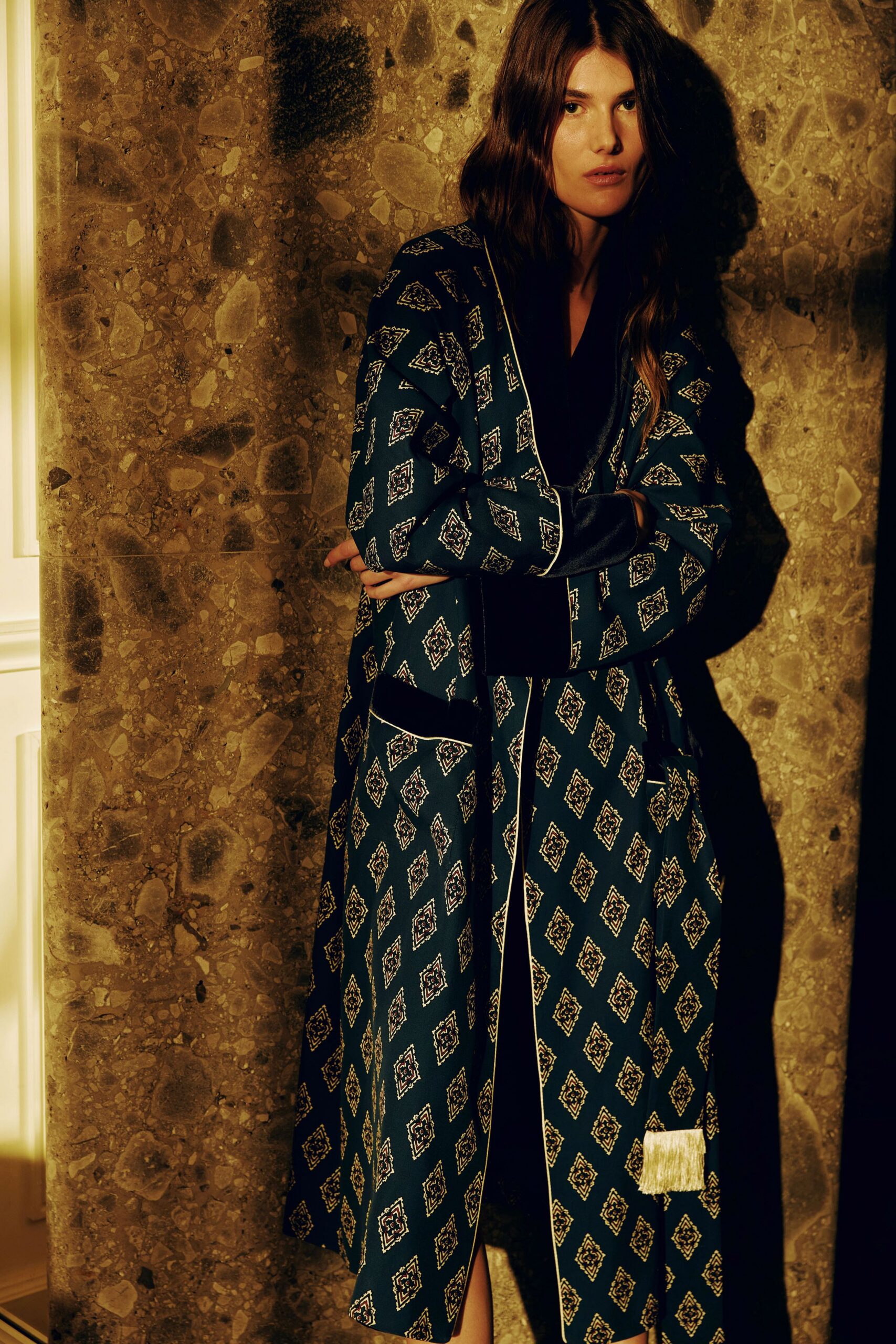 blue printed silk coat