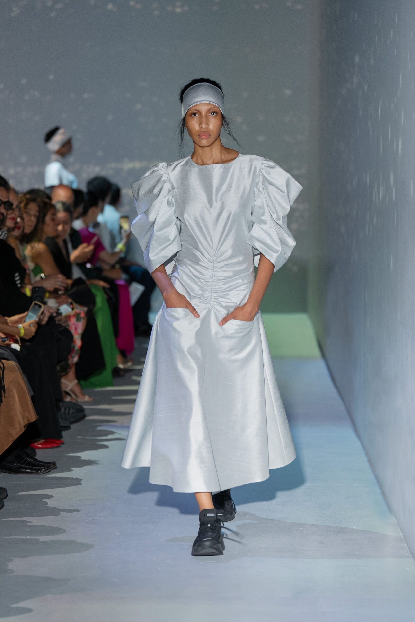 gray satin short-sleeve v-neck fitted pleated draped dress