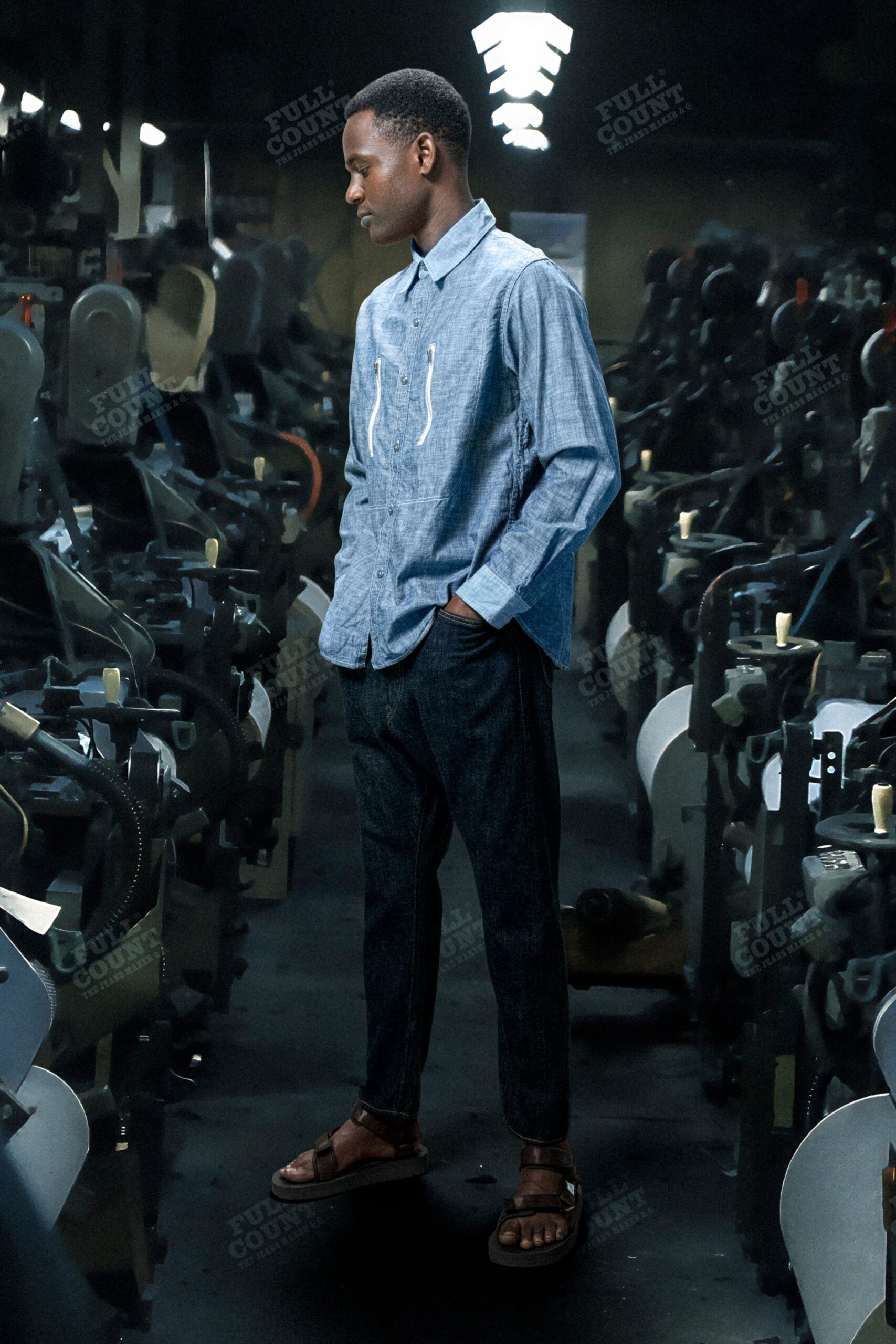 blue cotton shirt gray pants brown sandals