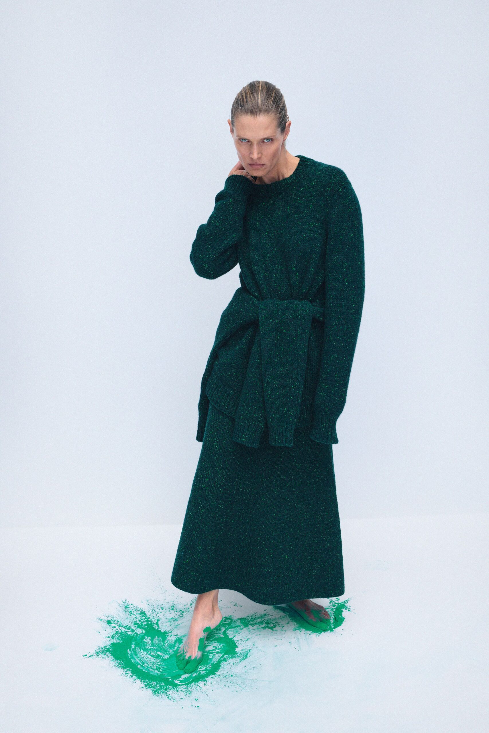 green wool long-sleeve collared relaxed textured cropped sweater