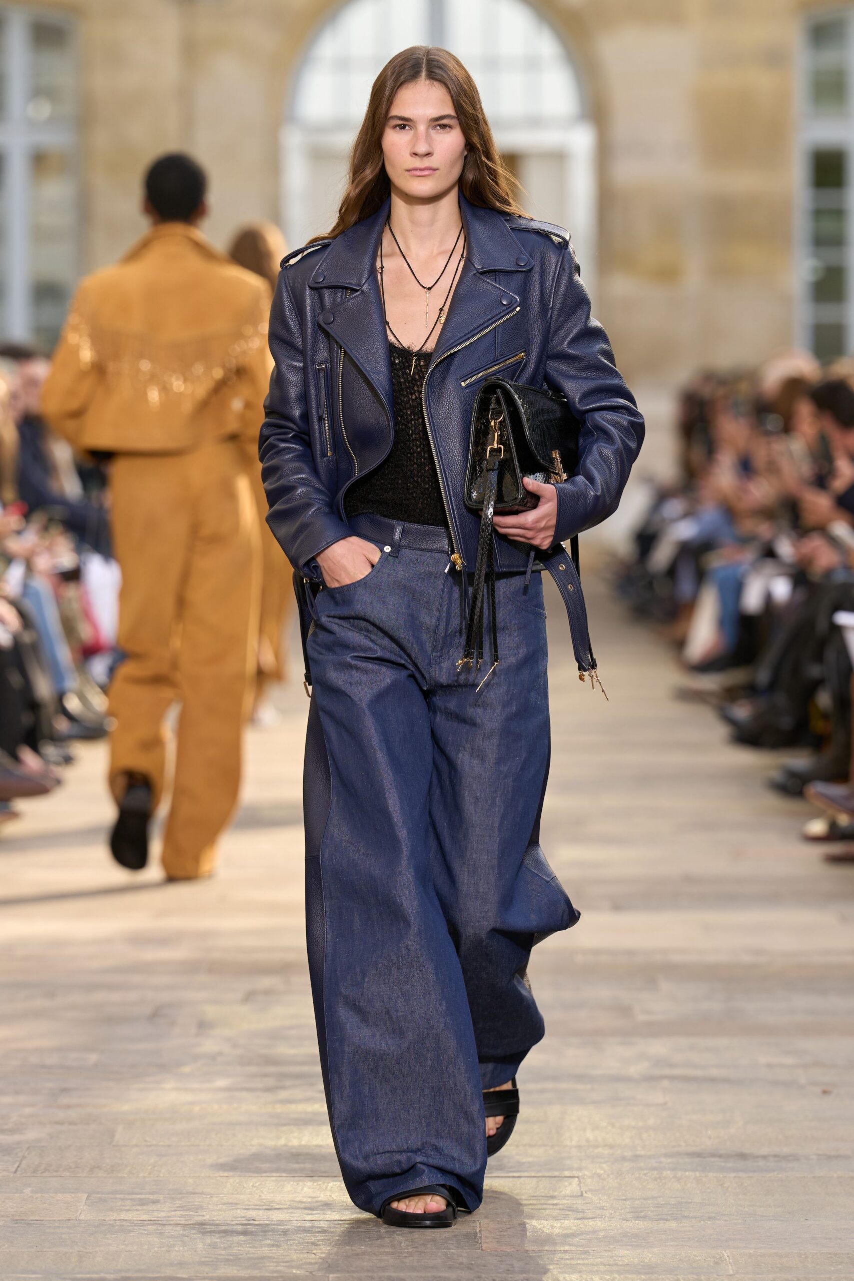 blue leather long-sleeve collared fitted zippered jacket