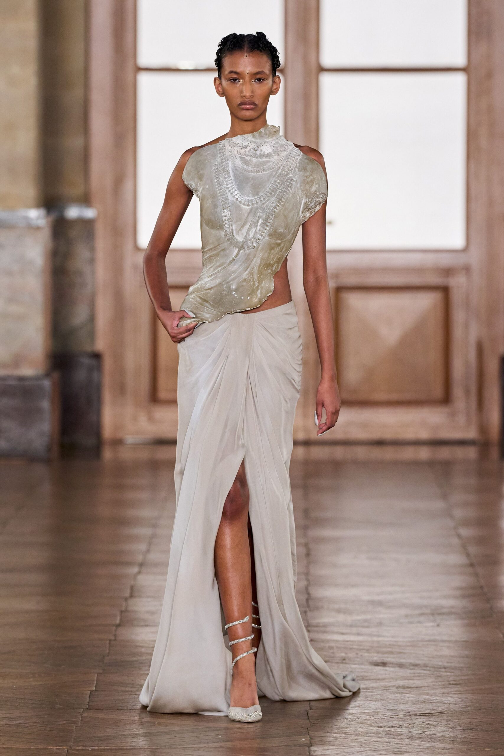 beige silk sleeveless gown