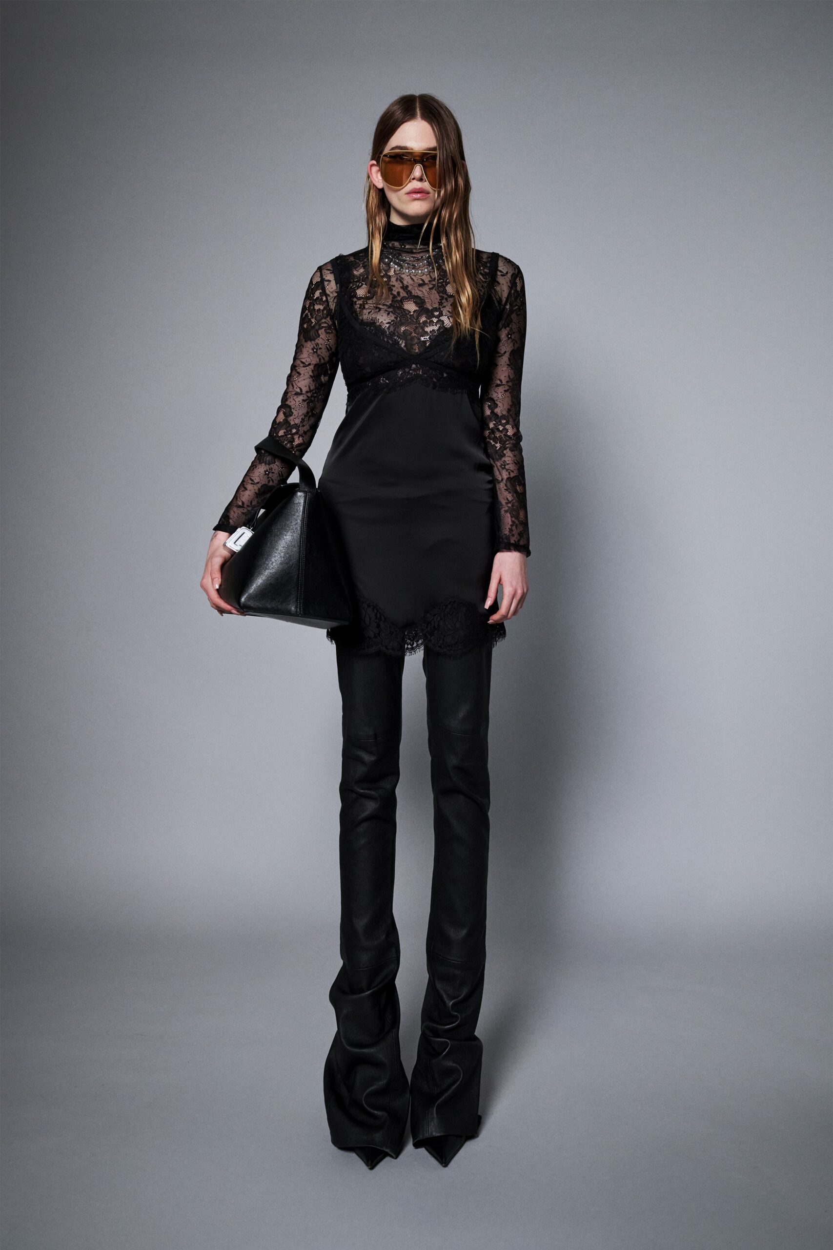 black lace long-sleeve high-neck fitted layered sheer dress