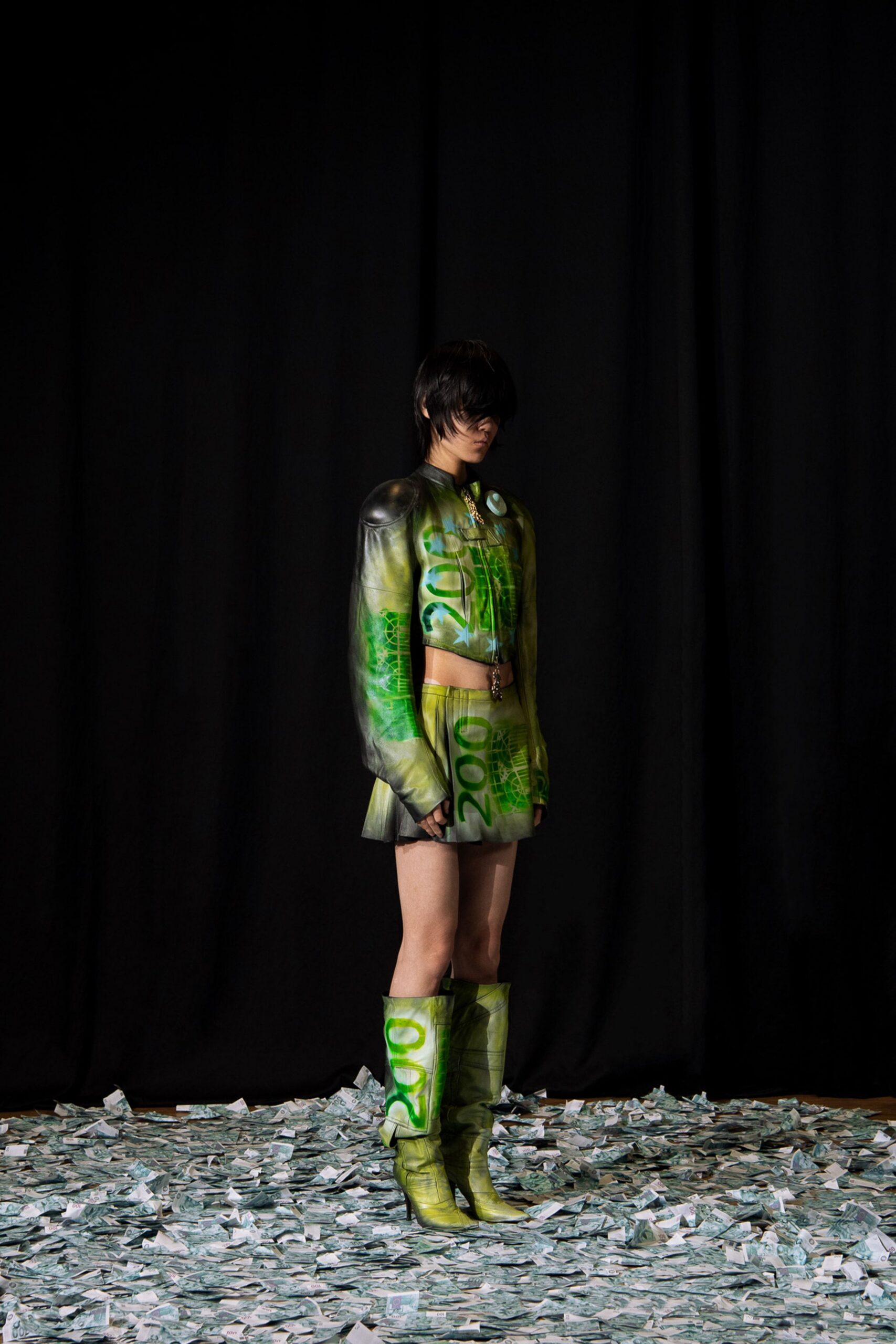 green vinyl long-sleeve collared fitted printed jacket