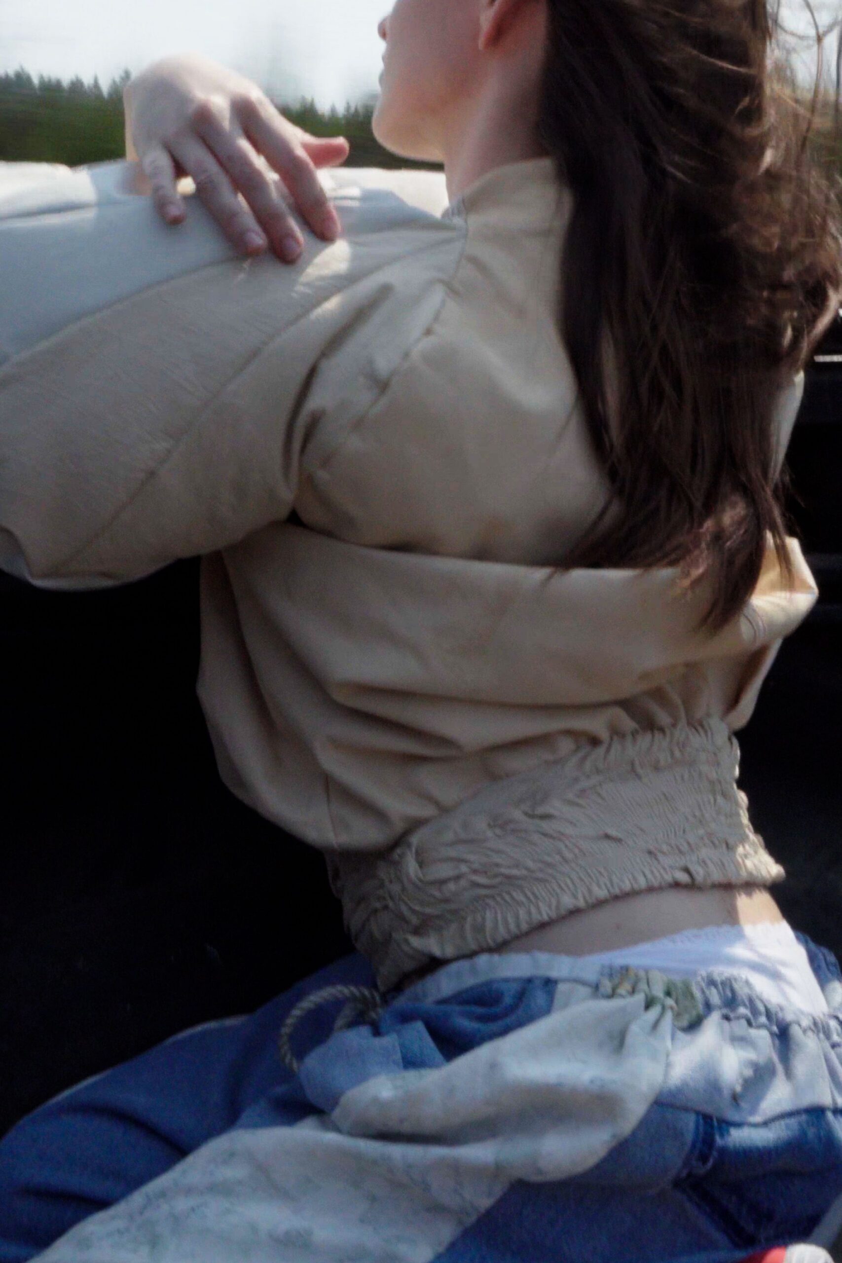 beige leather long-sleeve collared fitted ruffled jacket