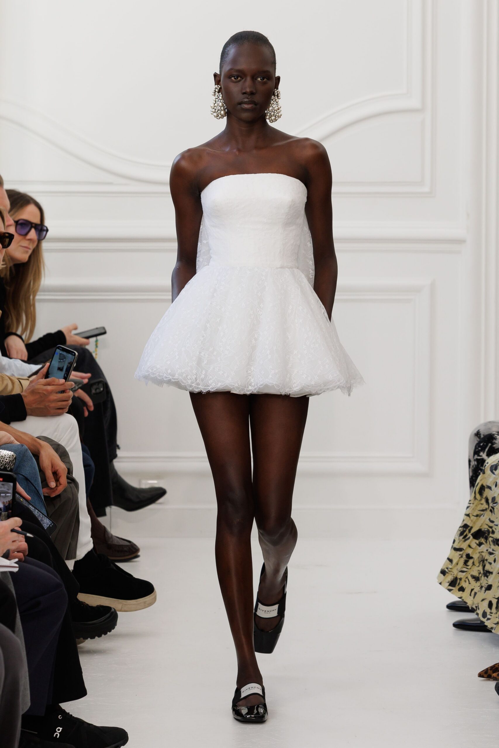 white lace strapless fitted pleated mini dress