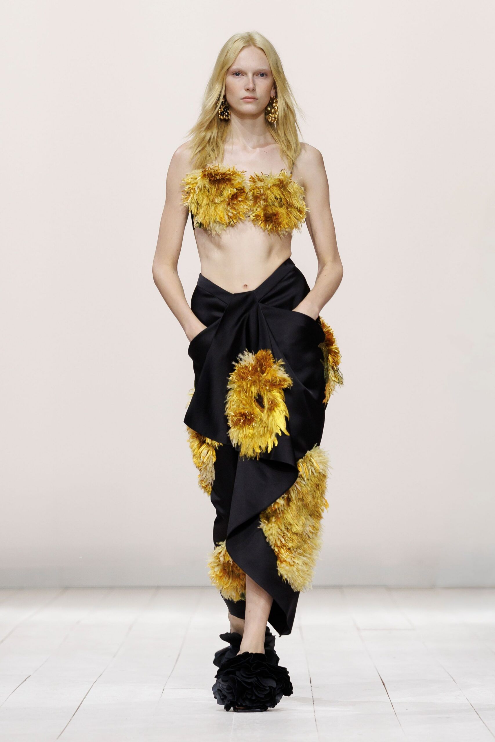 yellow silk sleeveless fitted ruffled top
