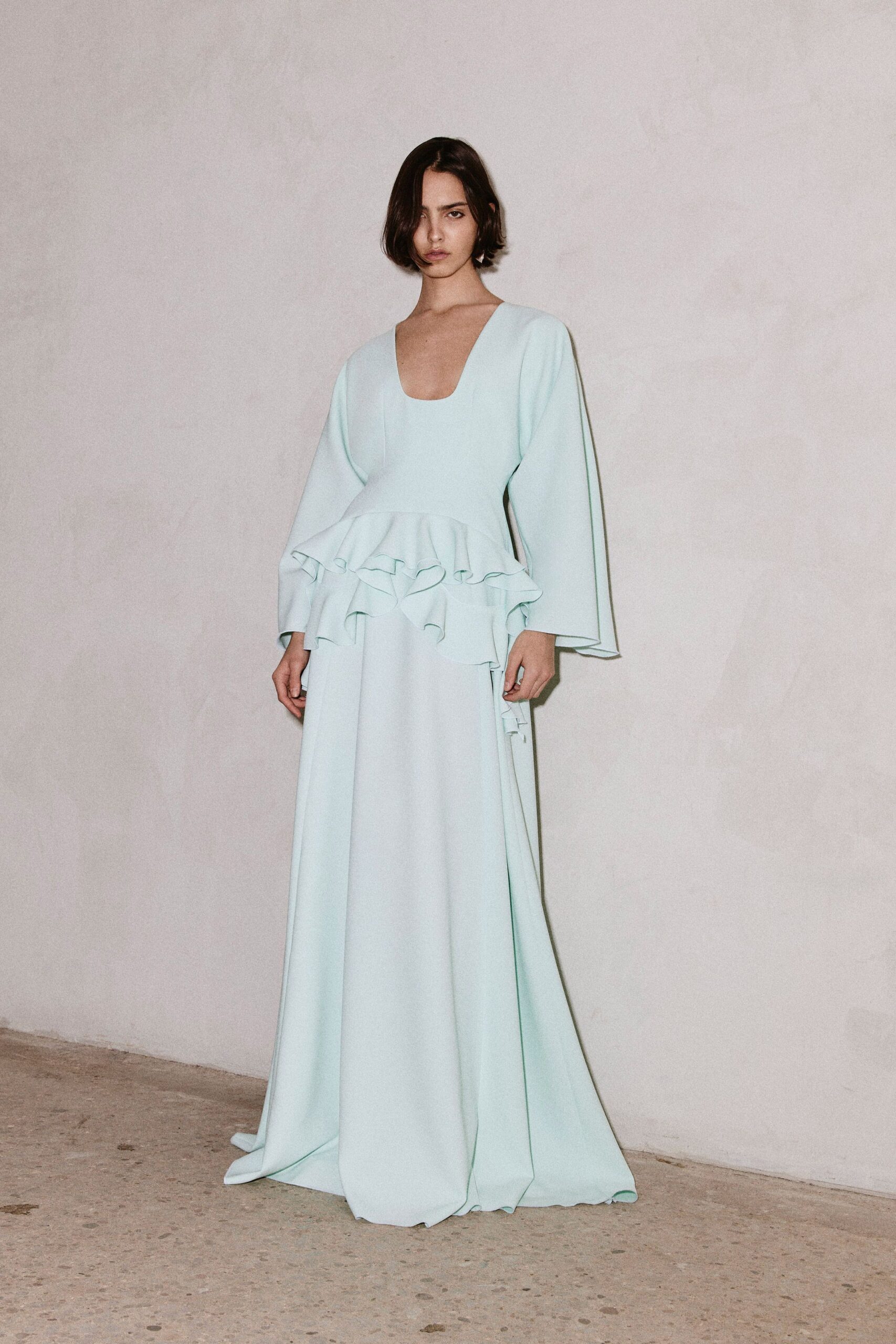 light blue ruffled maxi gown
