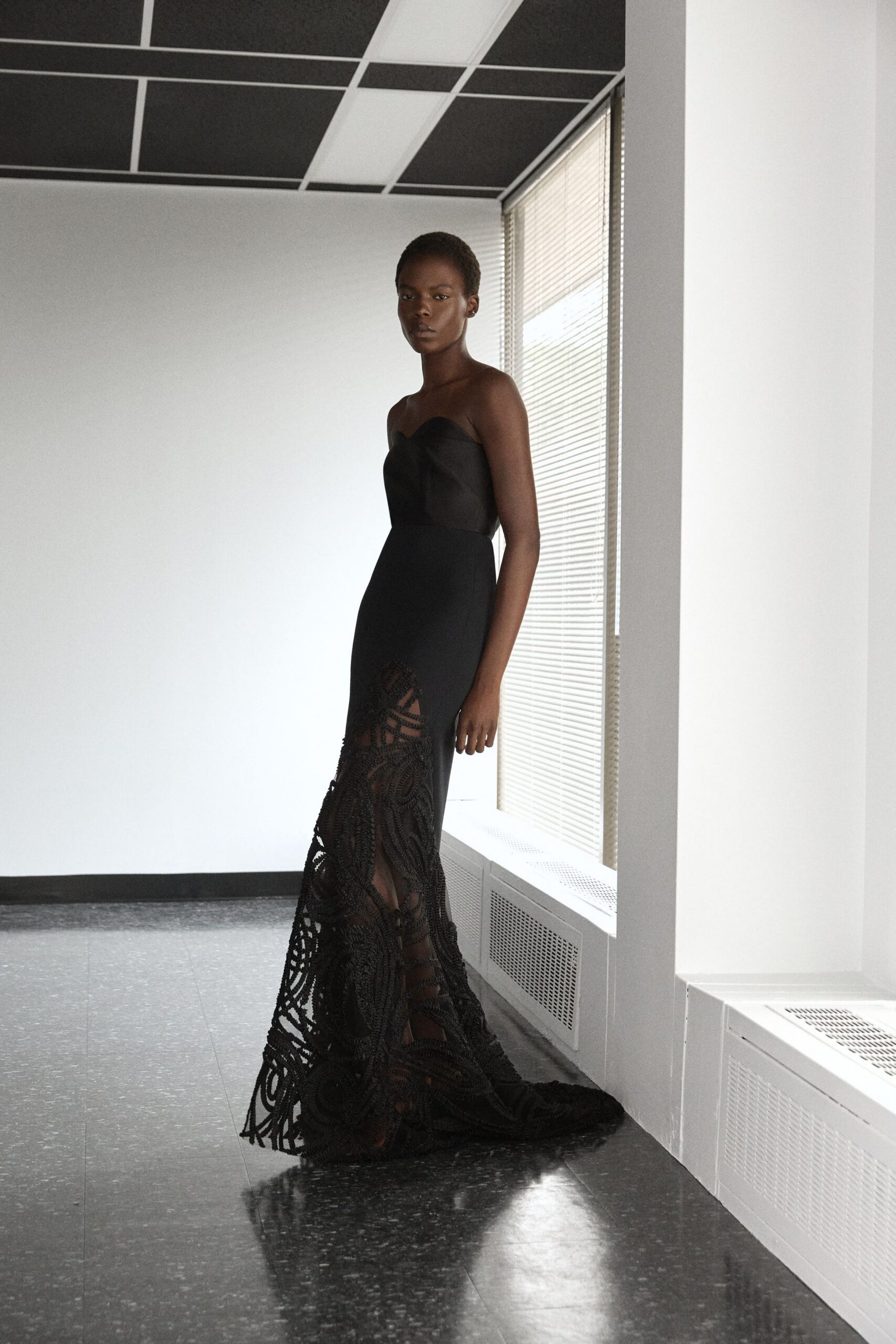 black silk strapless gown
