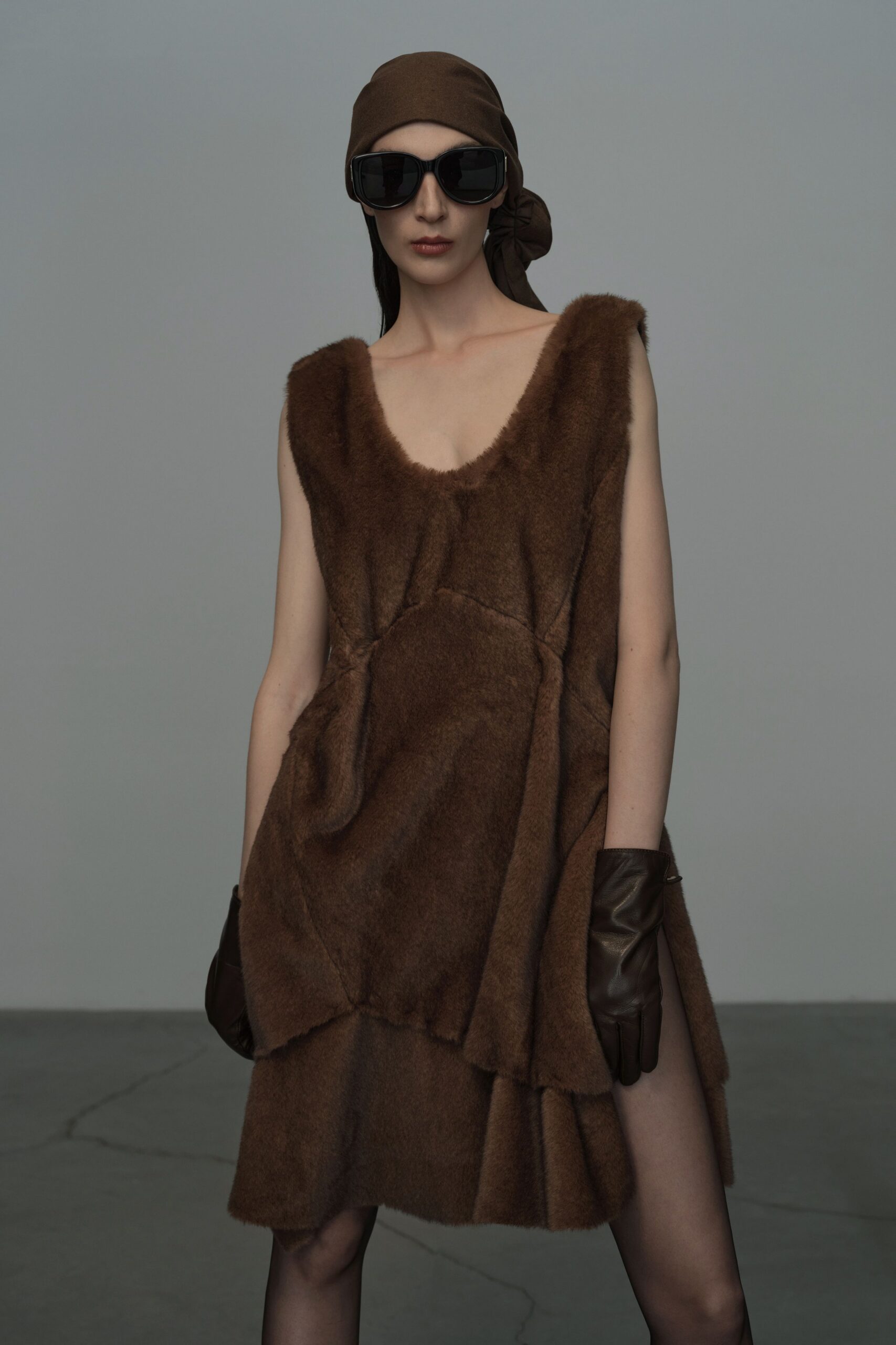 brown fur sleeveless v-neck relaxed tiered mini dress