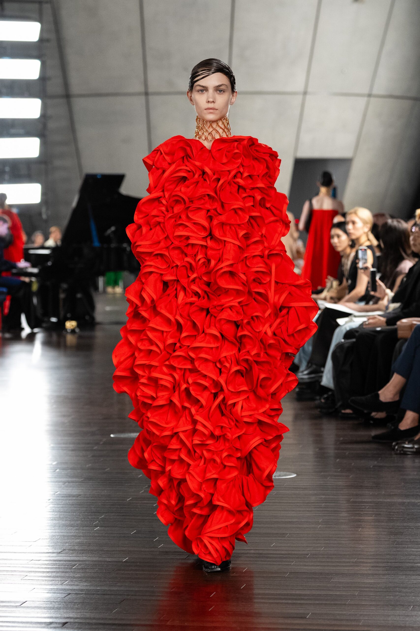 red ruffled sleeveless gown