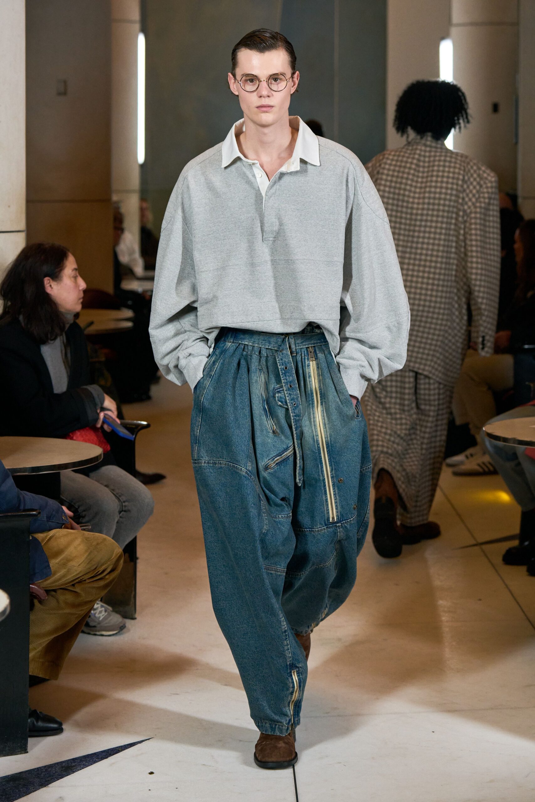 oversized gray shirt relaxed denim pants