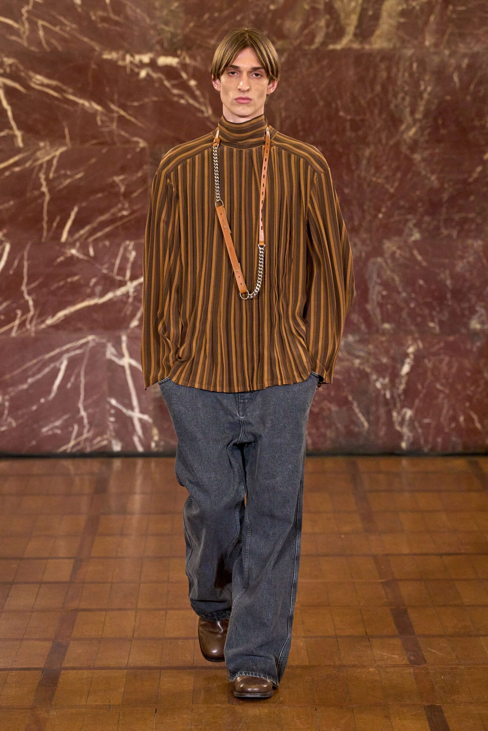 brown striped shirt with denim pants