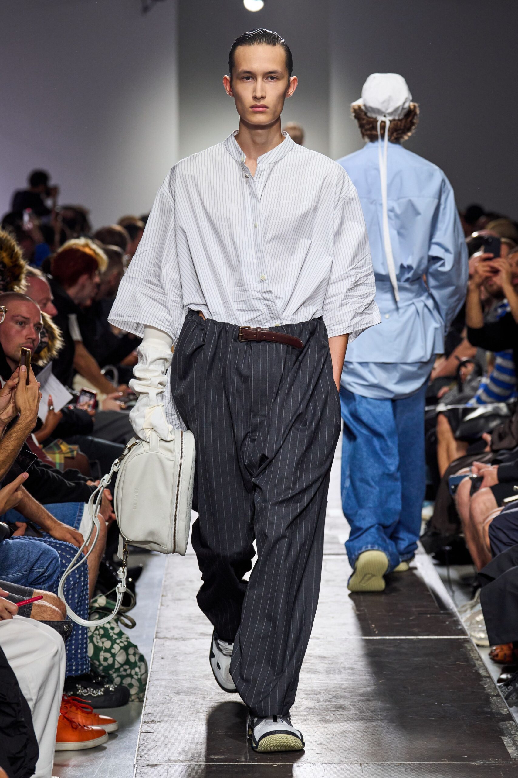 relaxed striped shirt with pleated pants