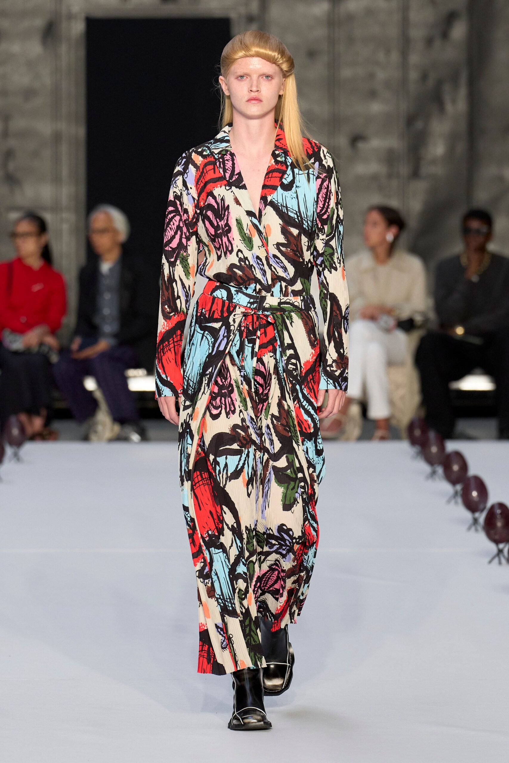 multi cotton long-sleeve collared relaxed floral belted dress