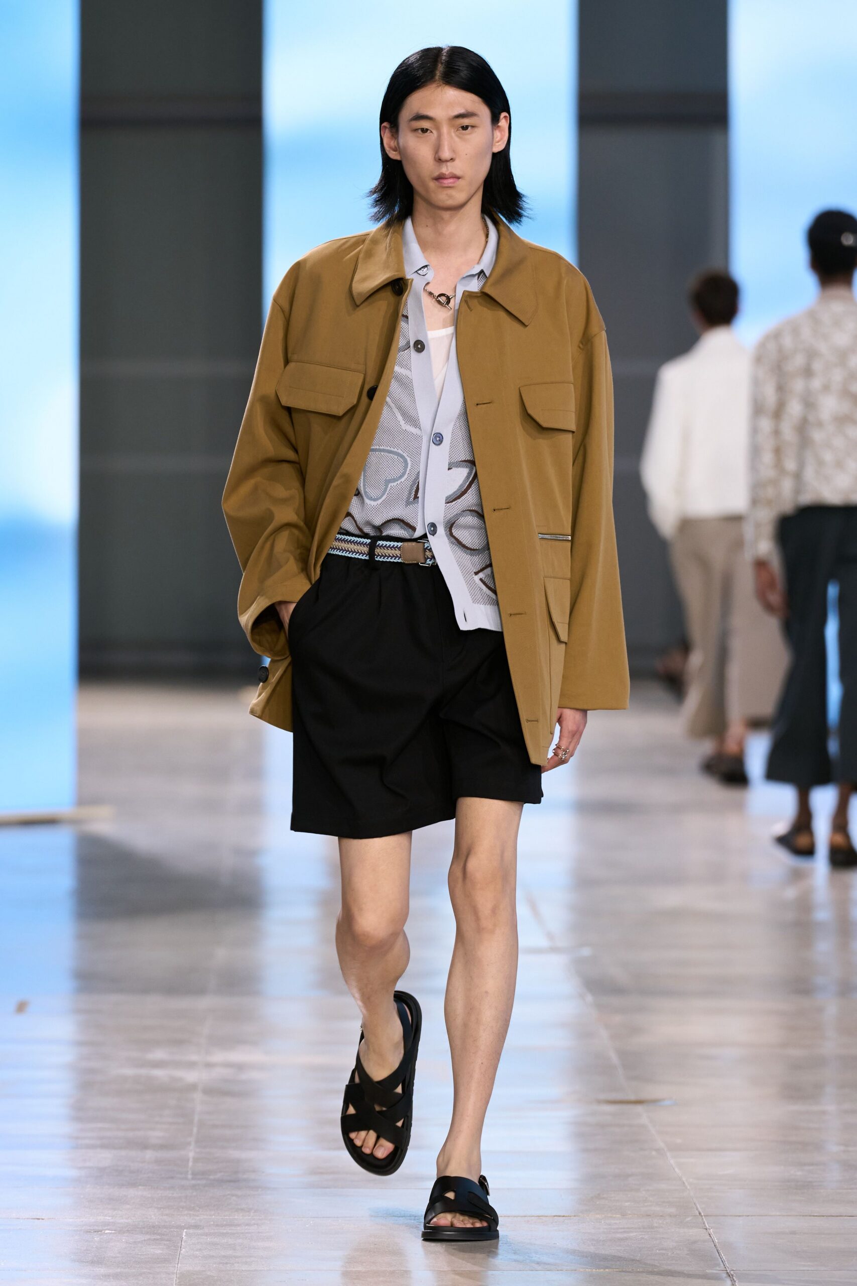 brown relaxed jacket with printed shirt