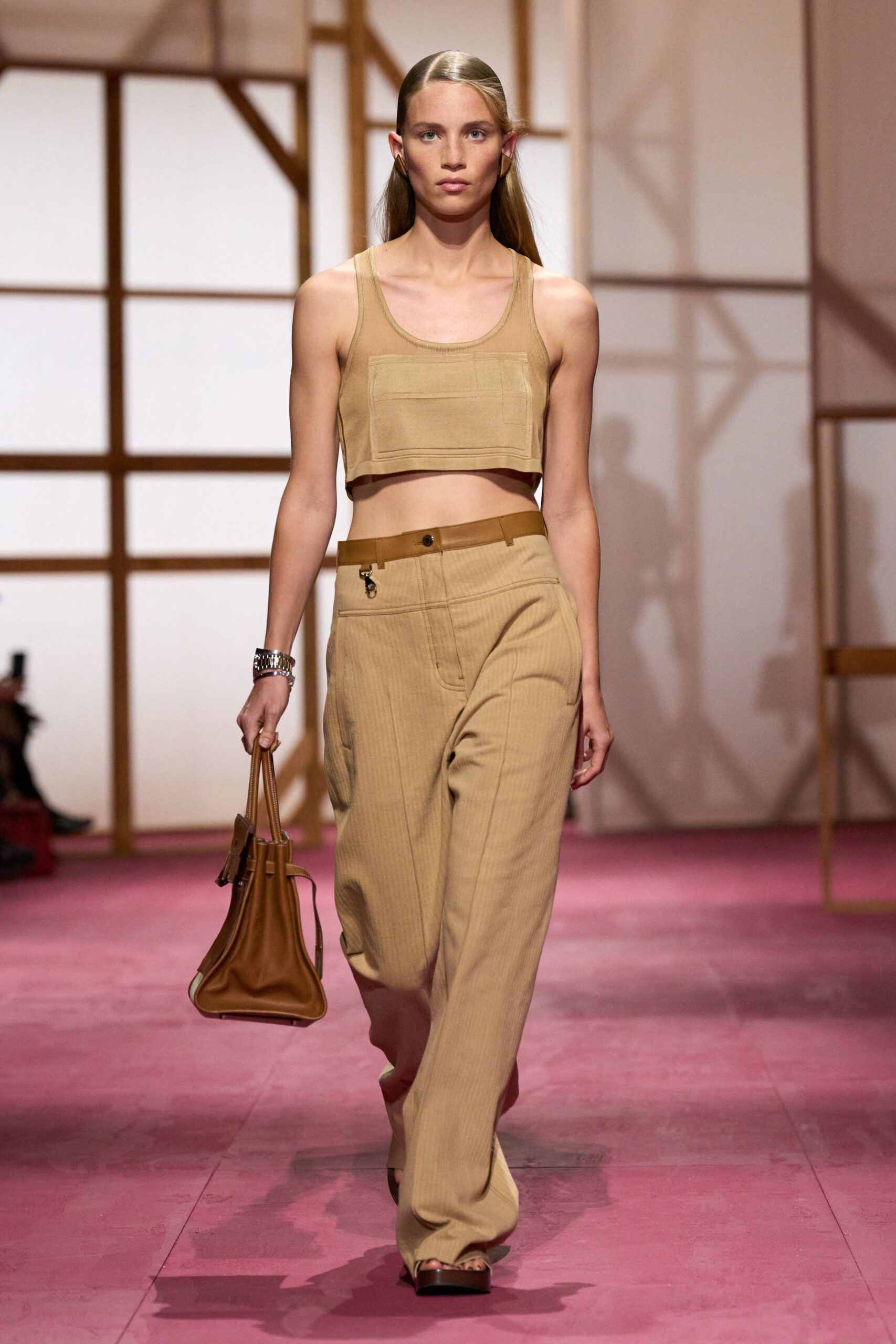 beige cotton sleeveless square-neck fitted ribbed cropped crop-top