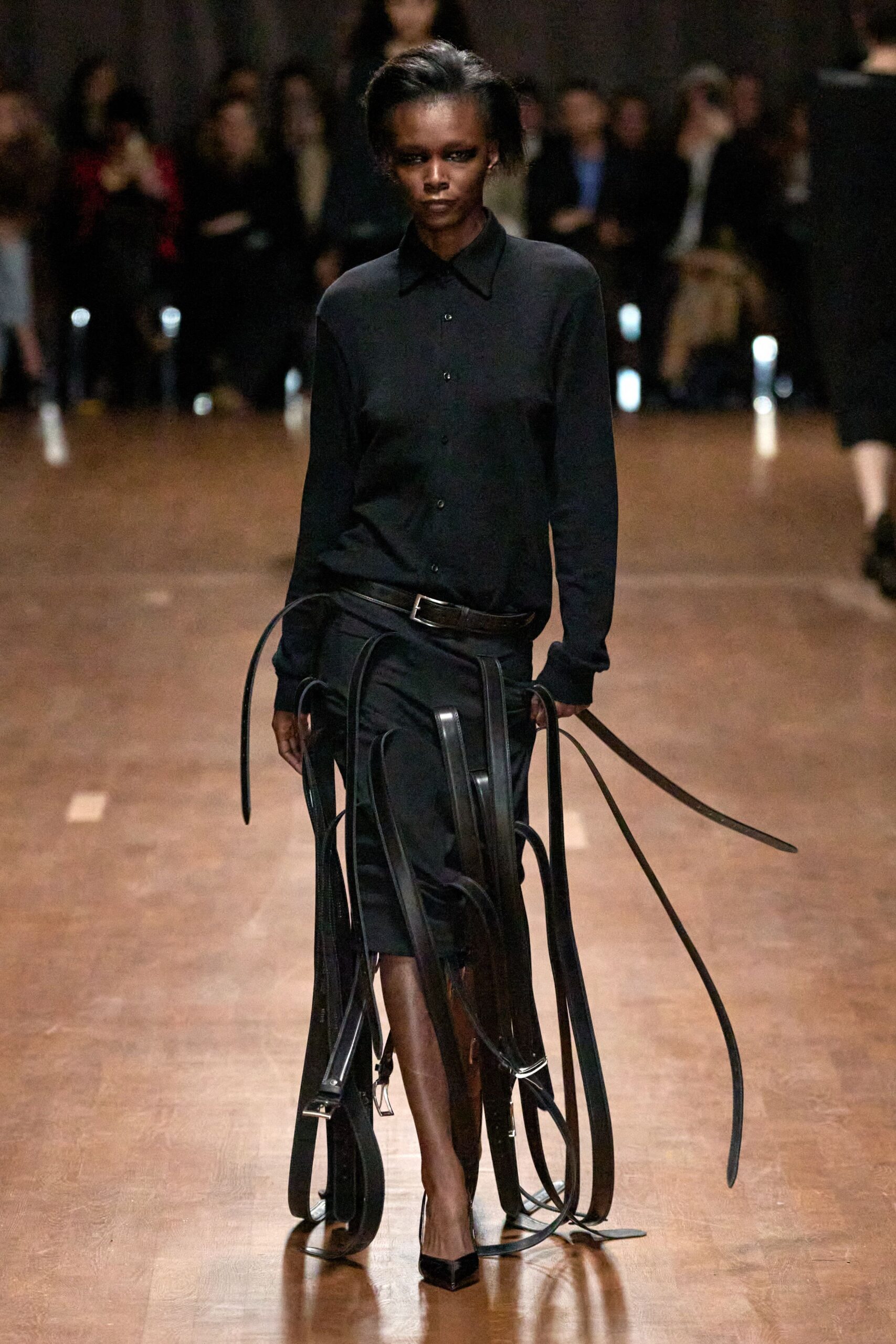 black fitted shirt and skirt