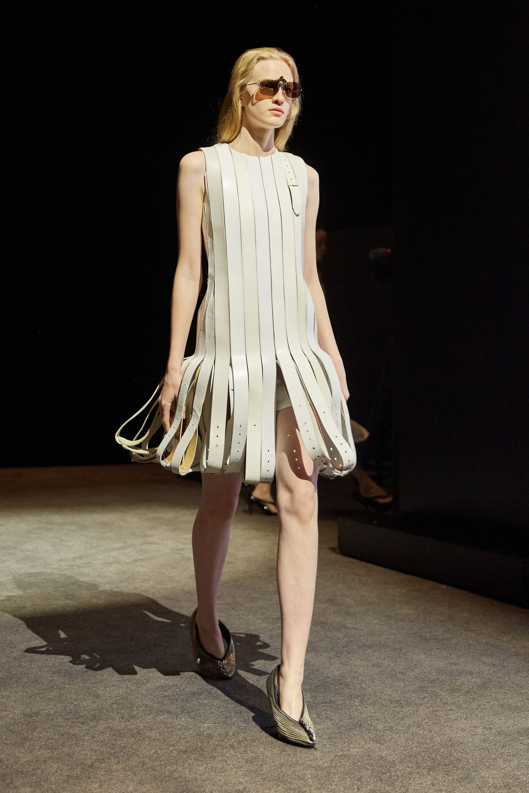 white leather sleeveless fitted pleated mini dress