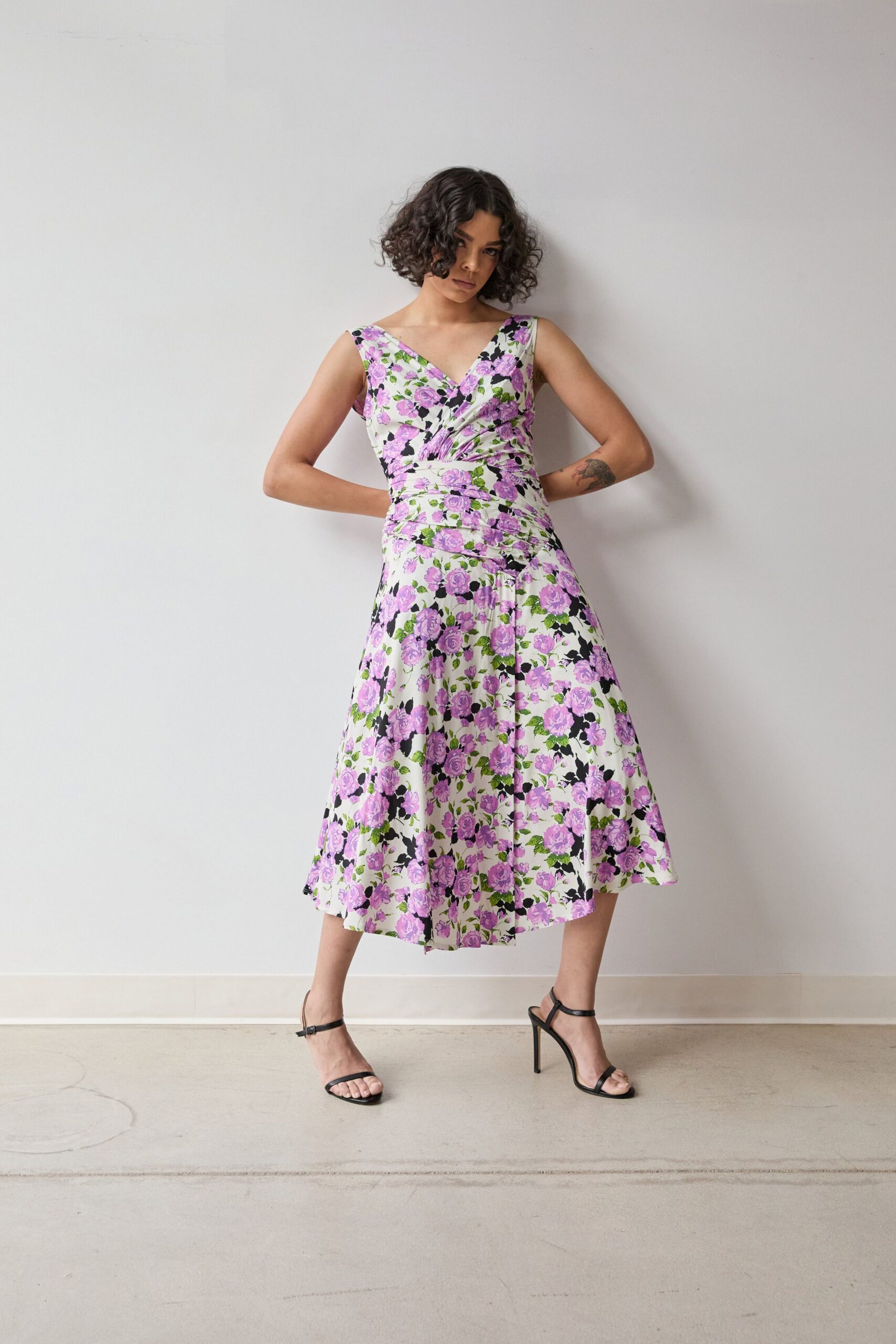 floral midi dress with strappy heels