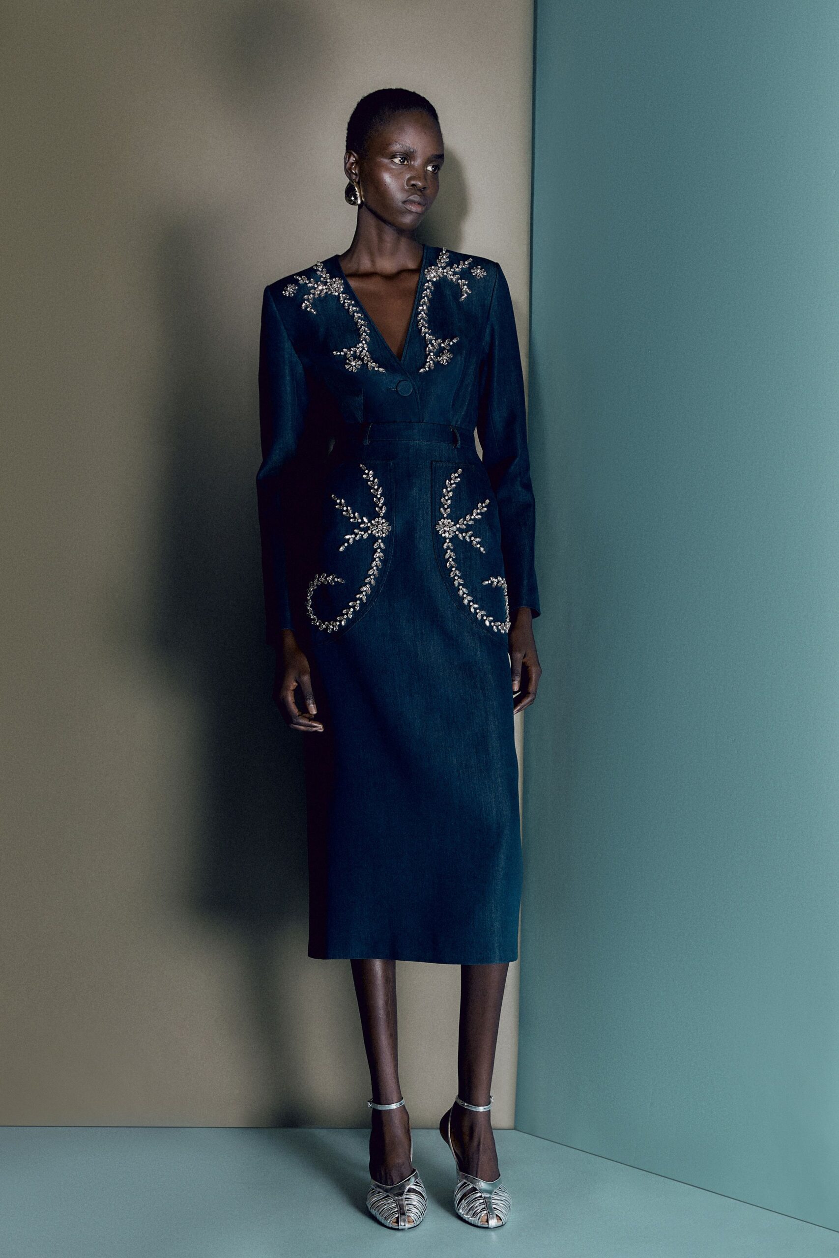 blue denim long-sleeve v-neck fitted embroidered pencil dress