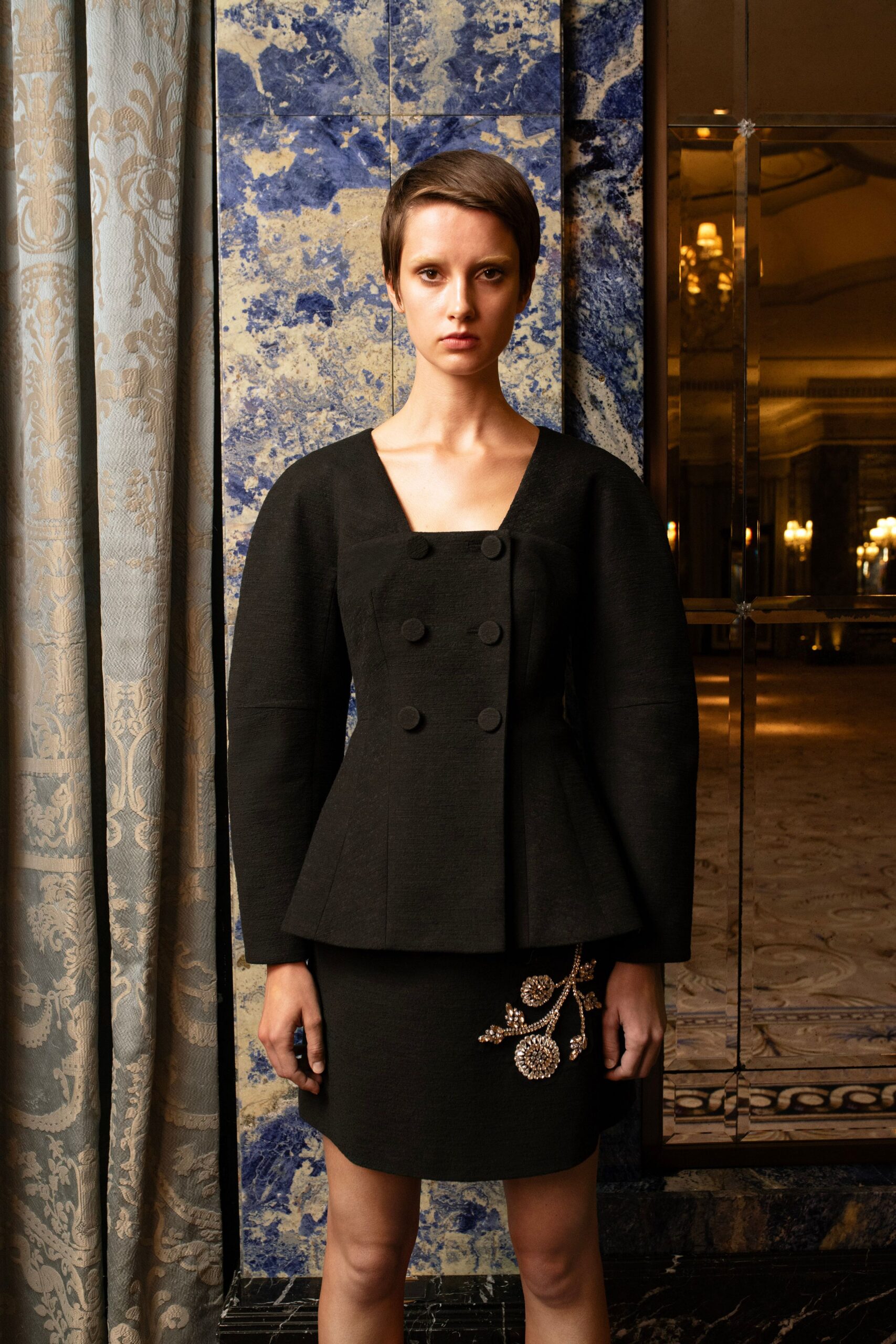 black structured blazer and pencil skirt