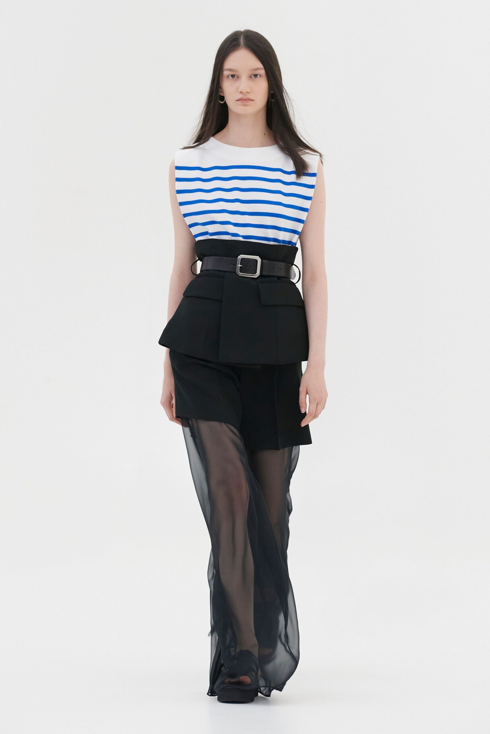 white sleeveless high-neck fitted striped top