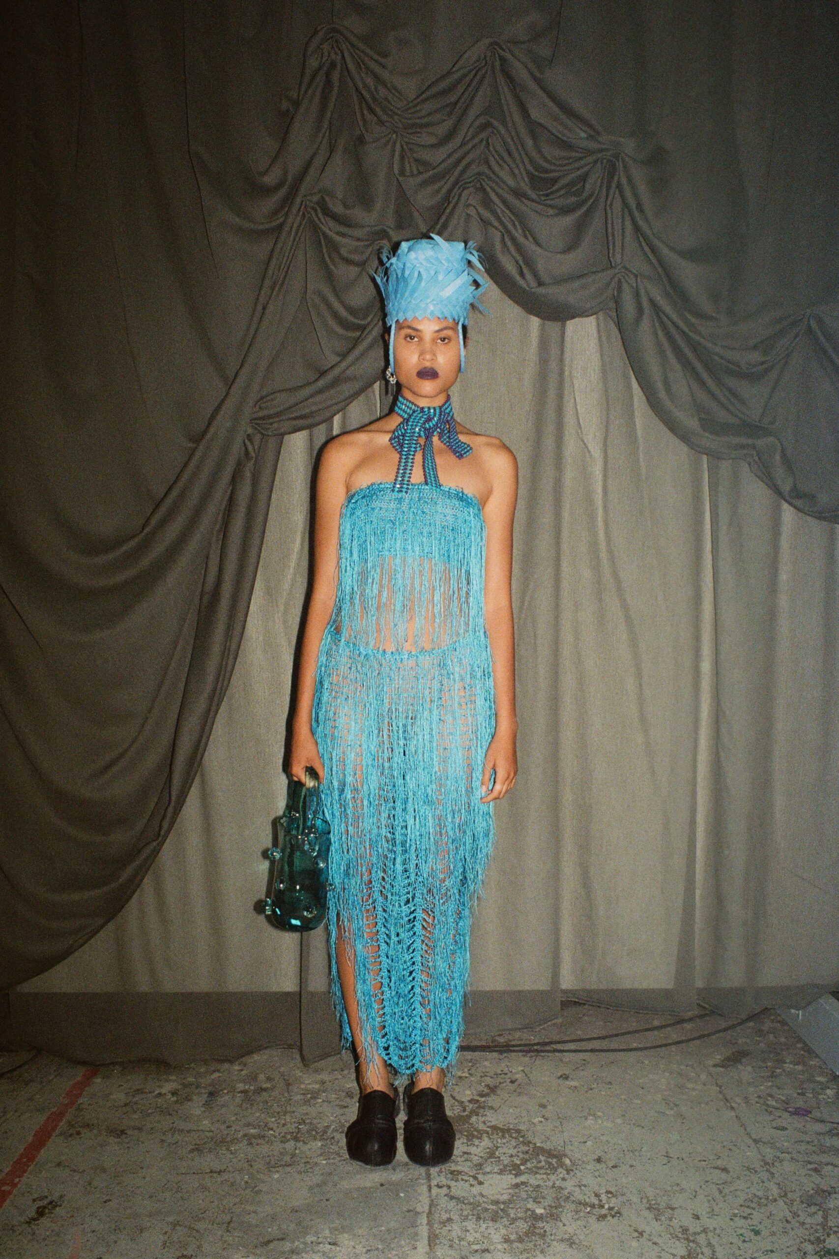 blue fringed midi dress with hat