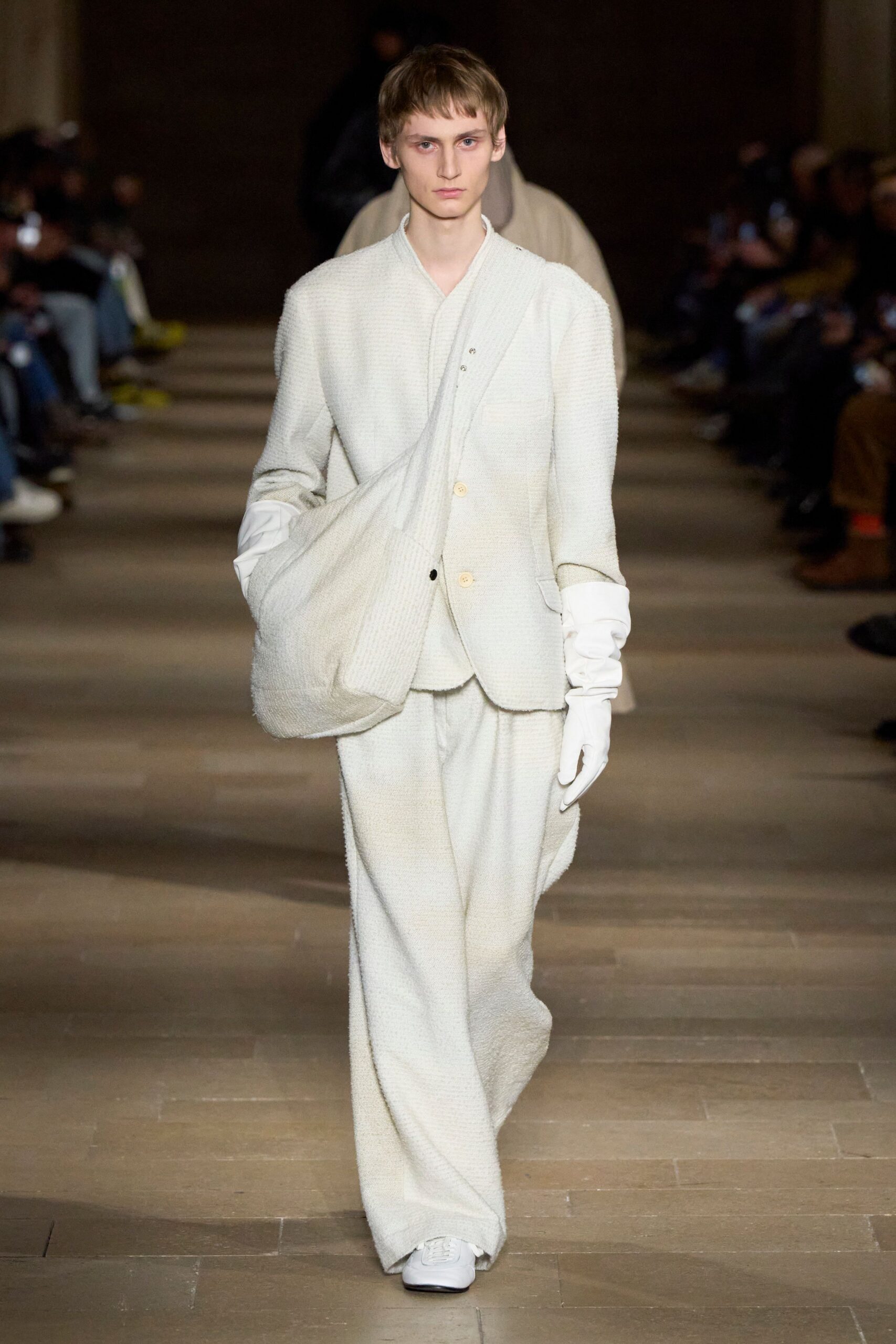 white relaxed suit with bag