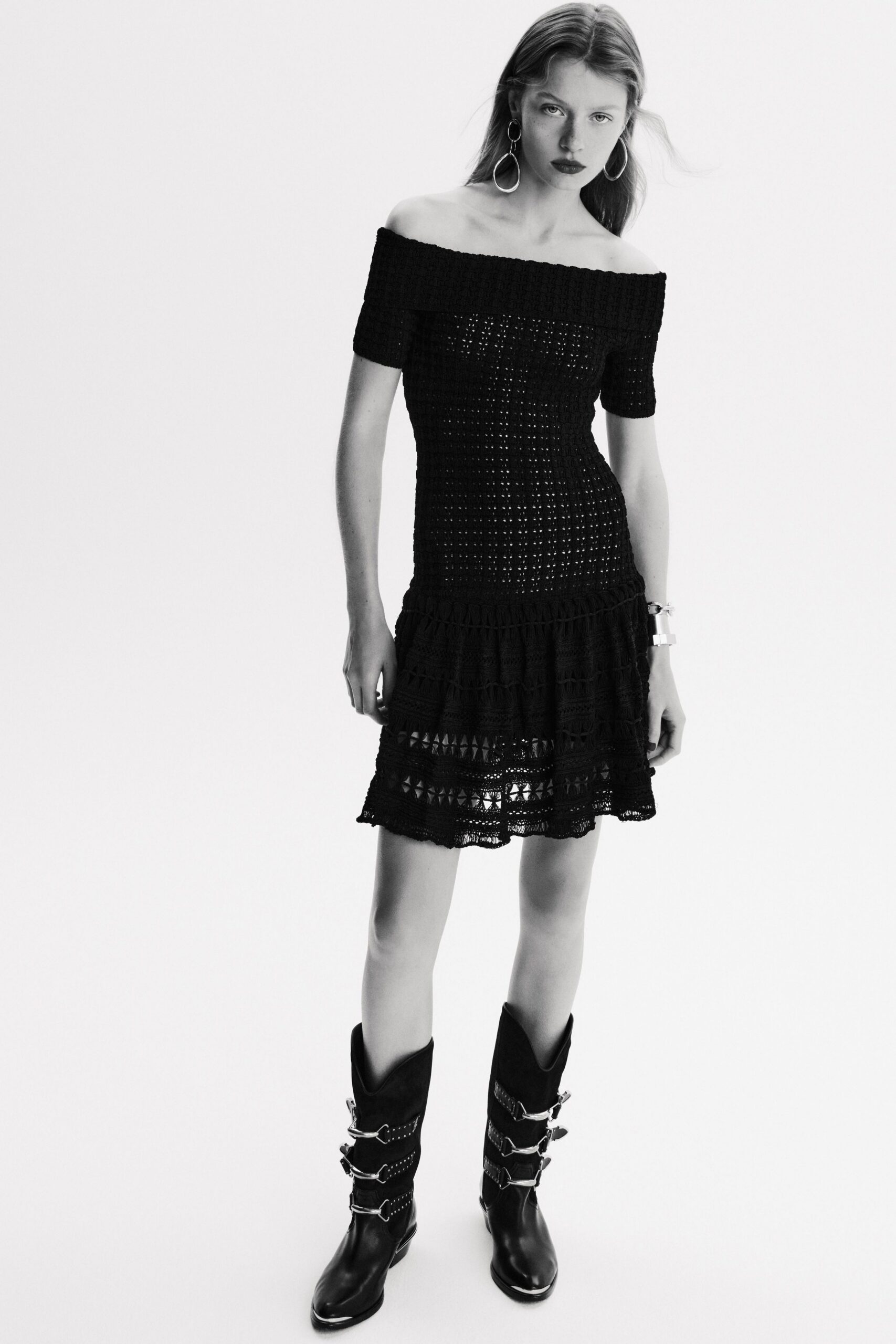 black cotton short-sleeve off-shoulder fitted tiered ruffled dress