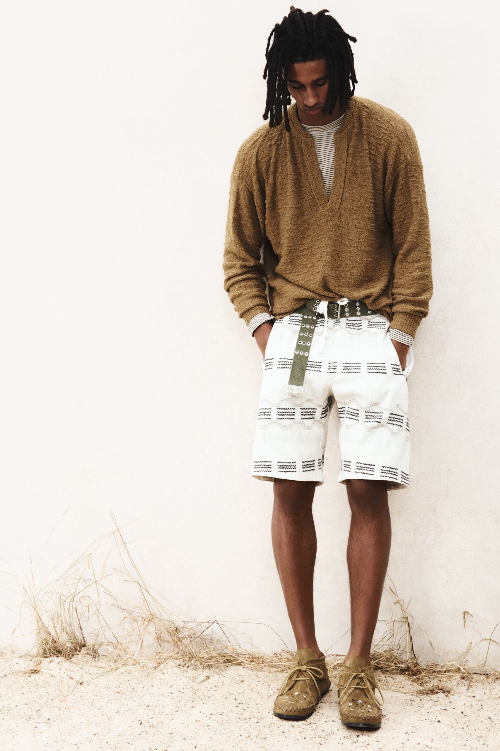 brown wool sweater with printed shorts