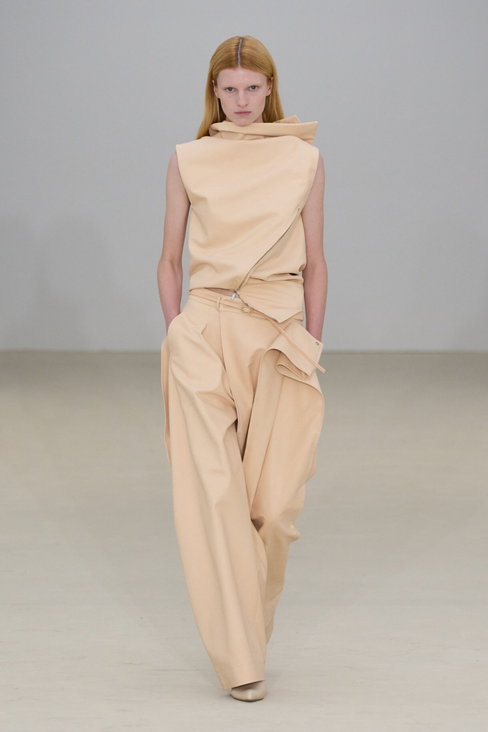 beige cotton sleeveless asymmetric relaxed zippered top