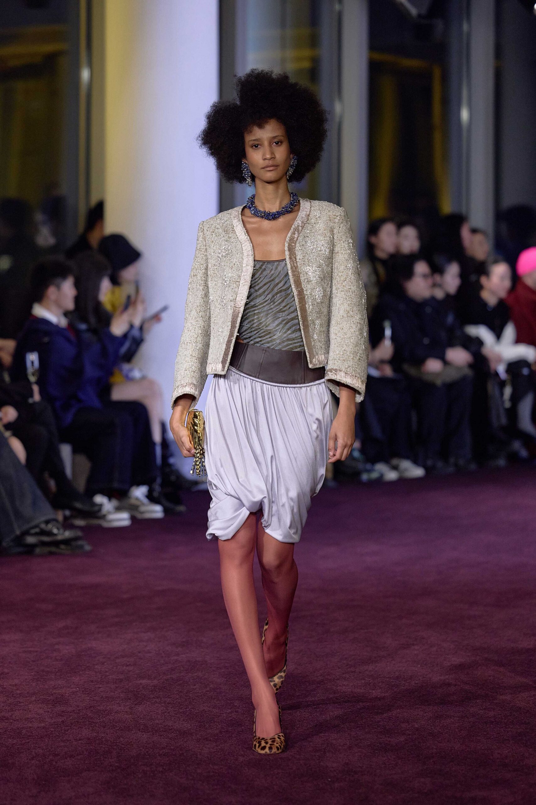 beige tweed jacket with gray top