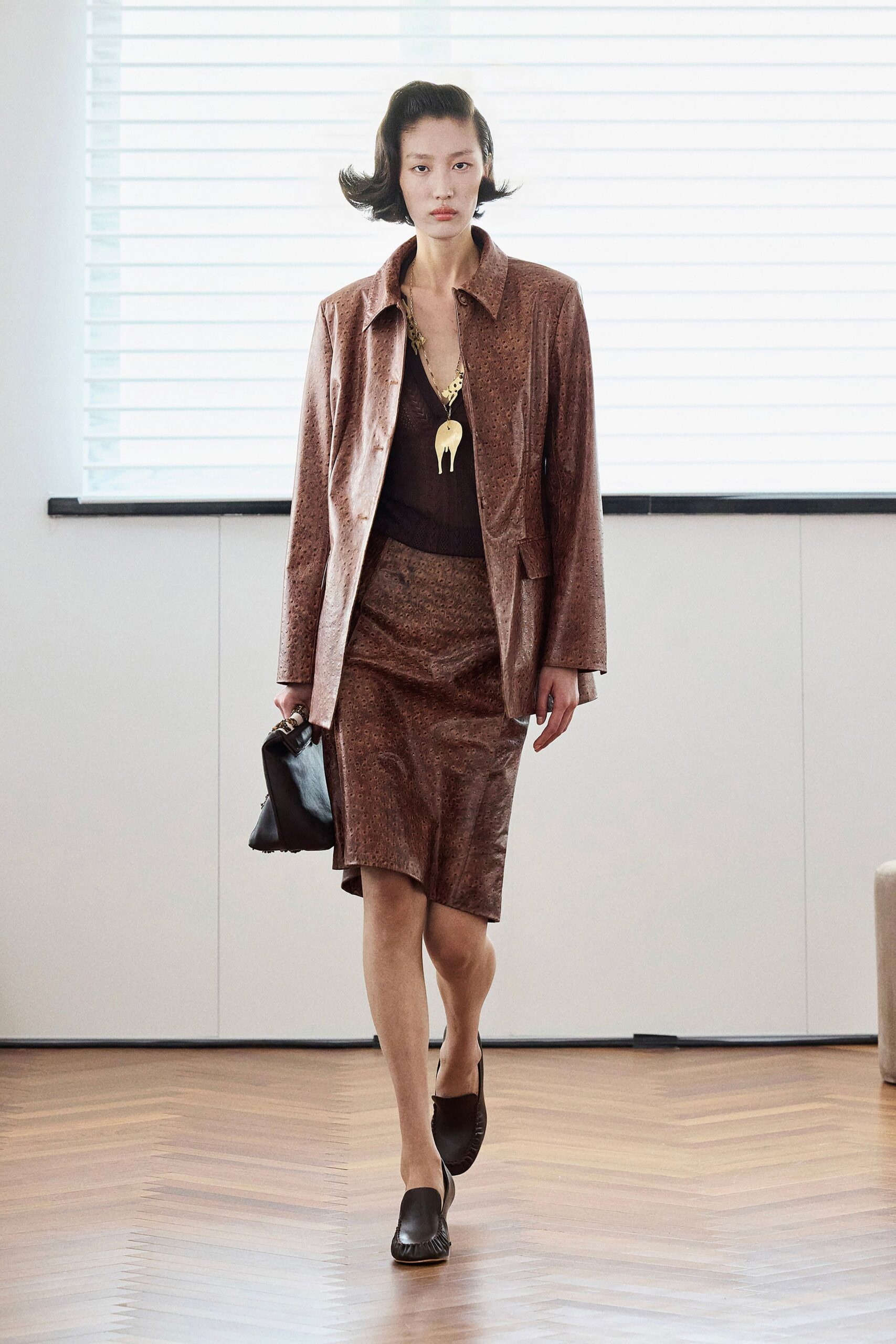 brown leather long-sleeve collared structured textured blazer