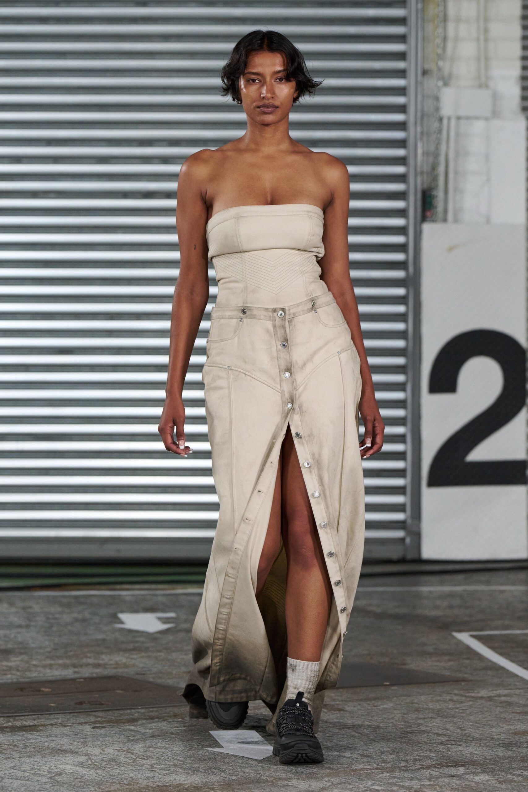 beige denim strapless slit fitted buttoned pleated dress