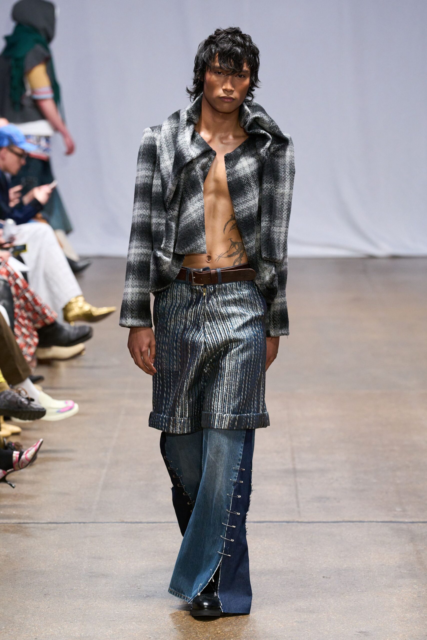 black gray checked jacket with flared pants