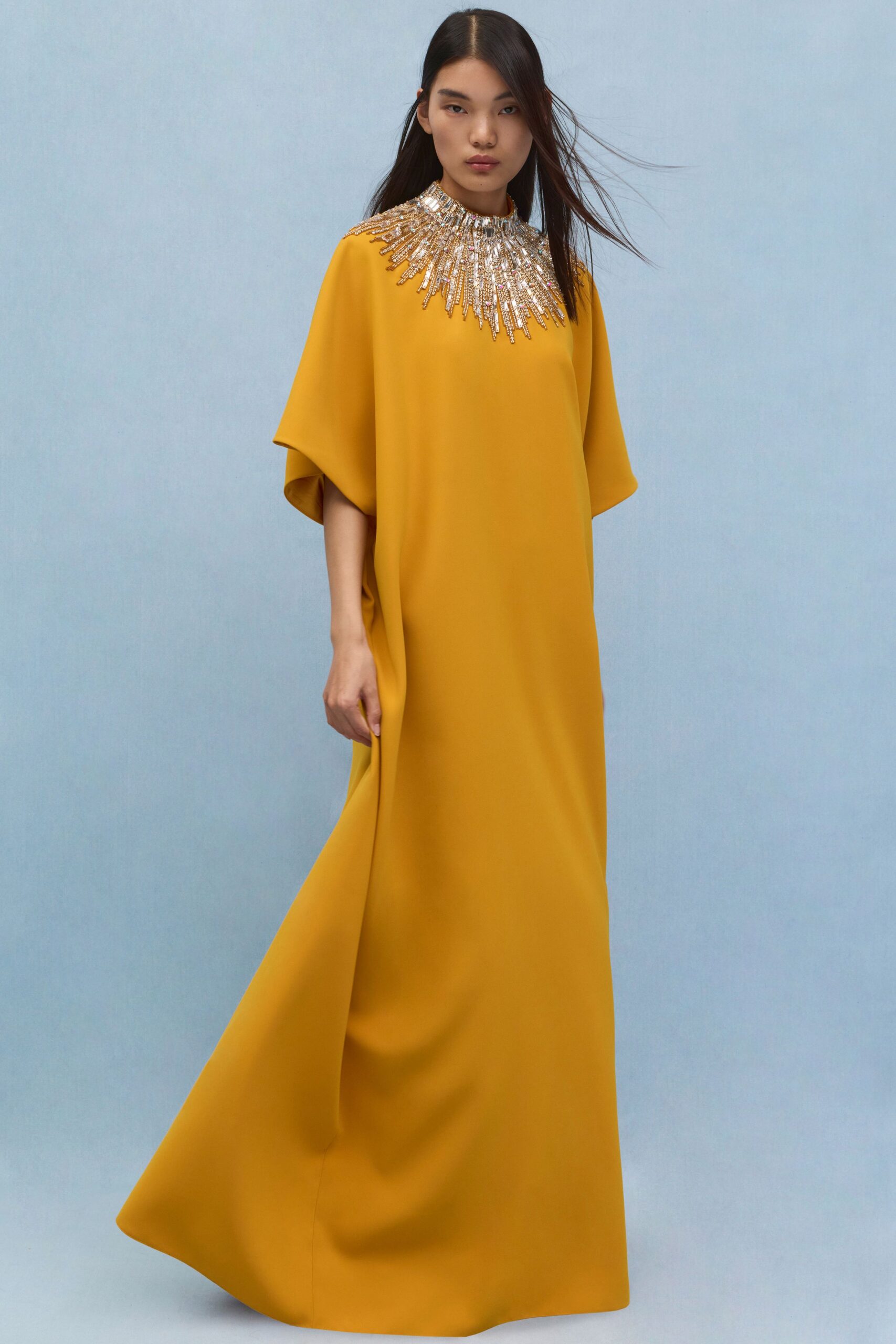 yellow silk embellished gown