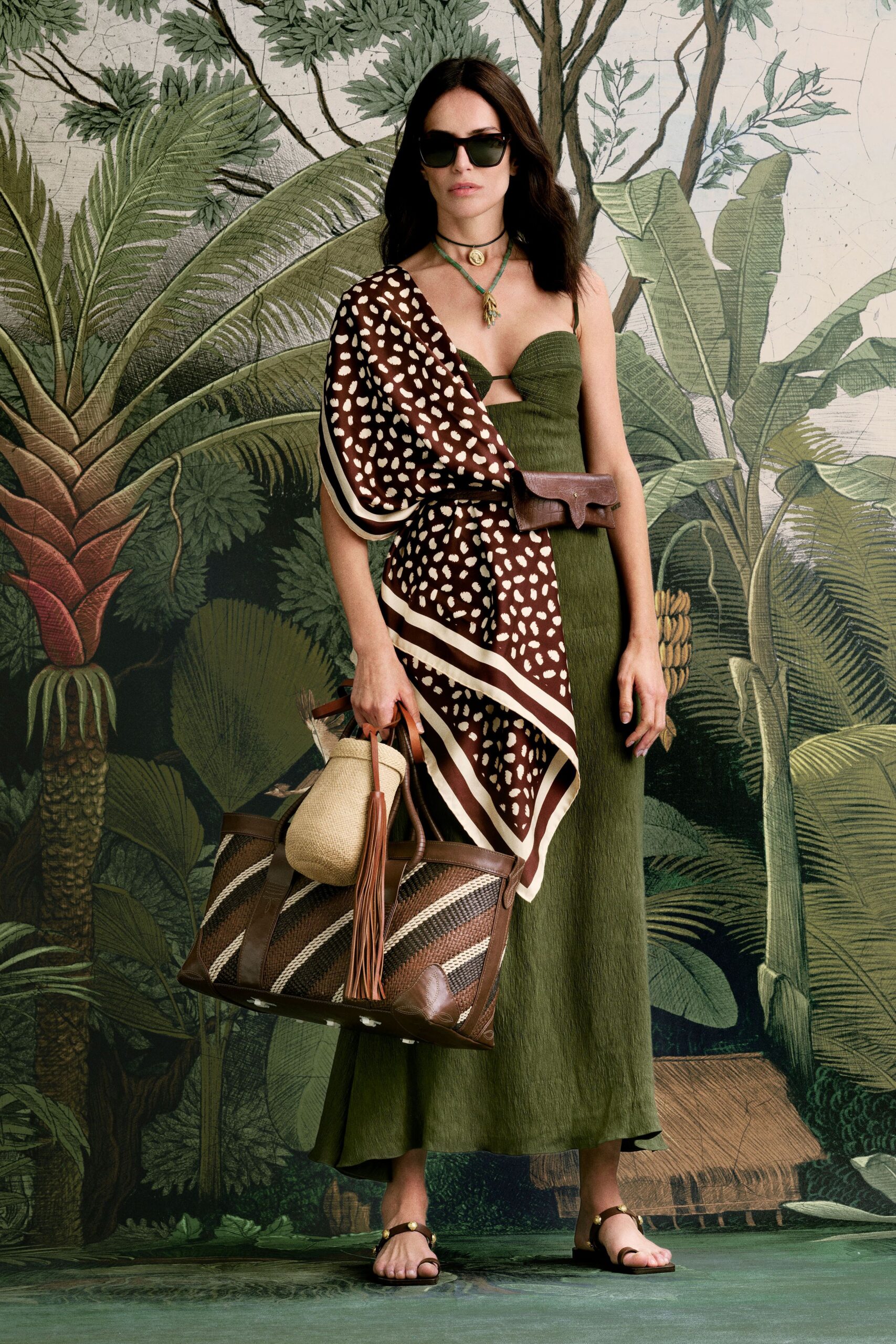 green cotton sleeveless off-shoulder fitted tiered maxi dress