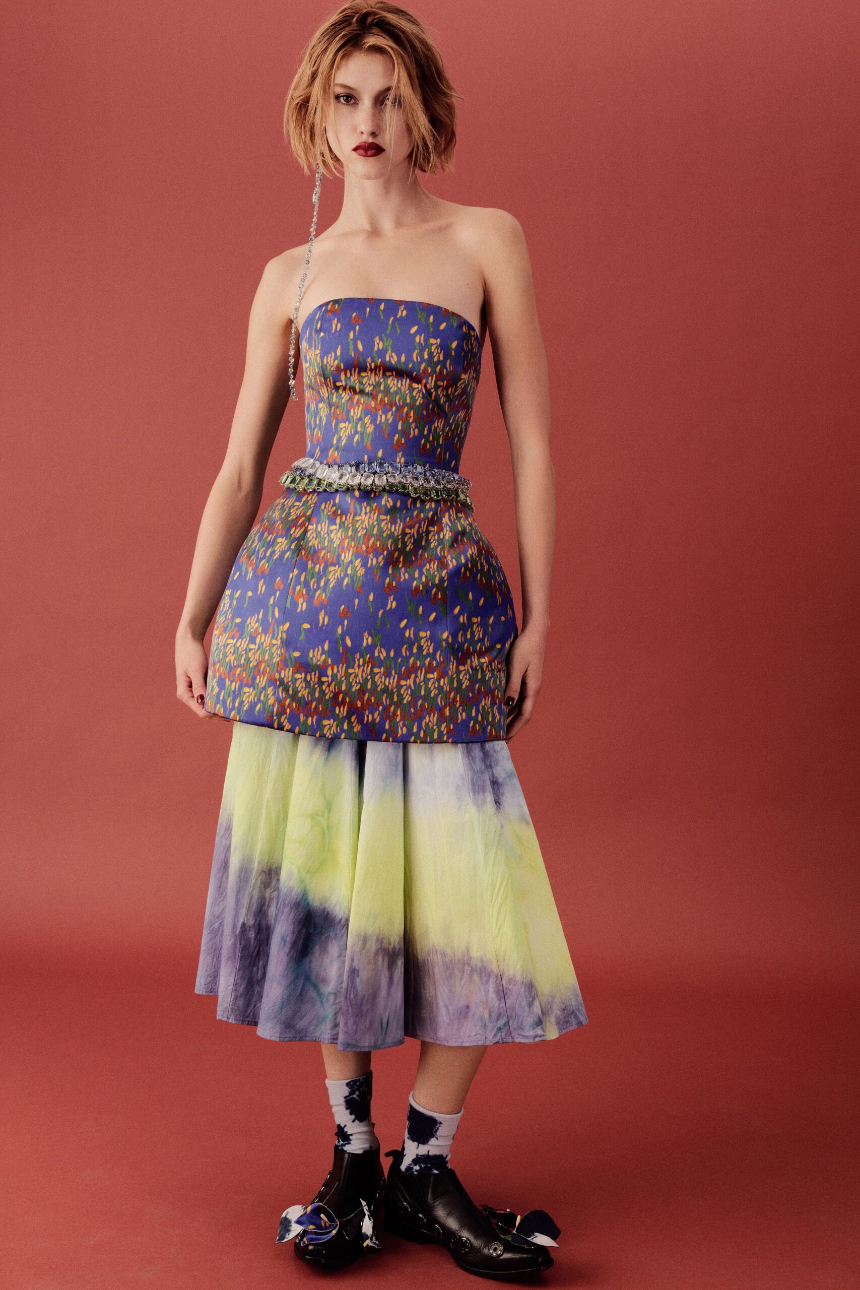 purple silk strapless fitted pleated color-blocked midi dress