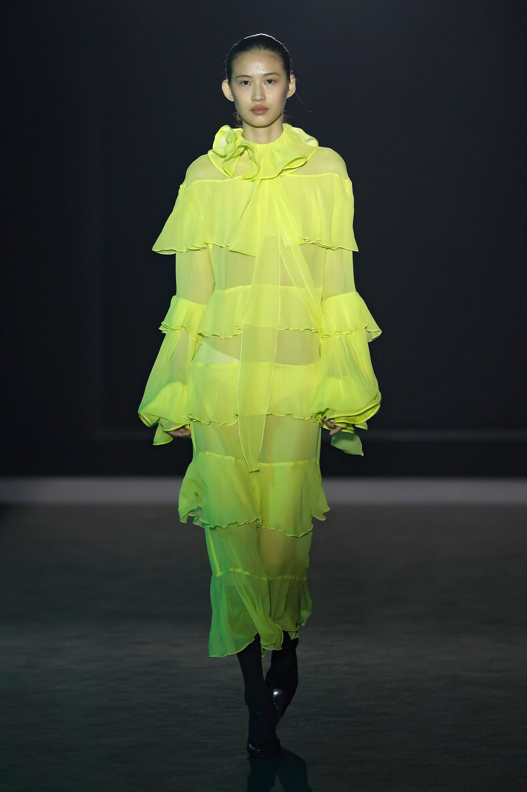 yellow chiffon long-sleeve high-neck relaxed ruffled layered dress