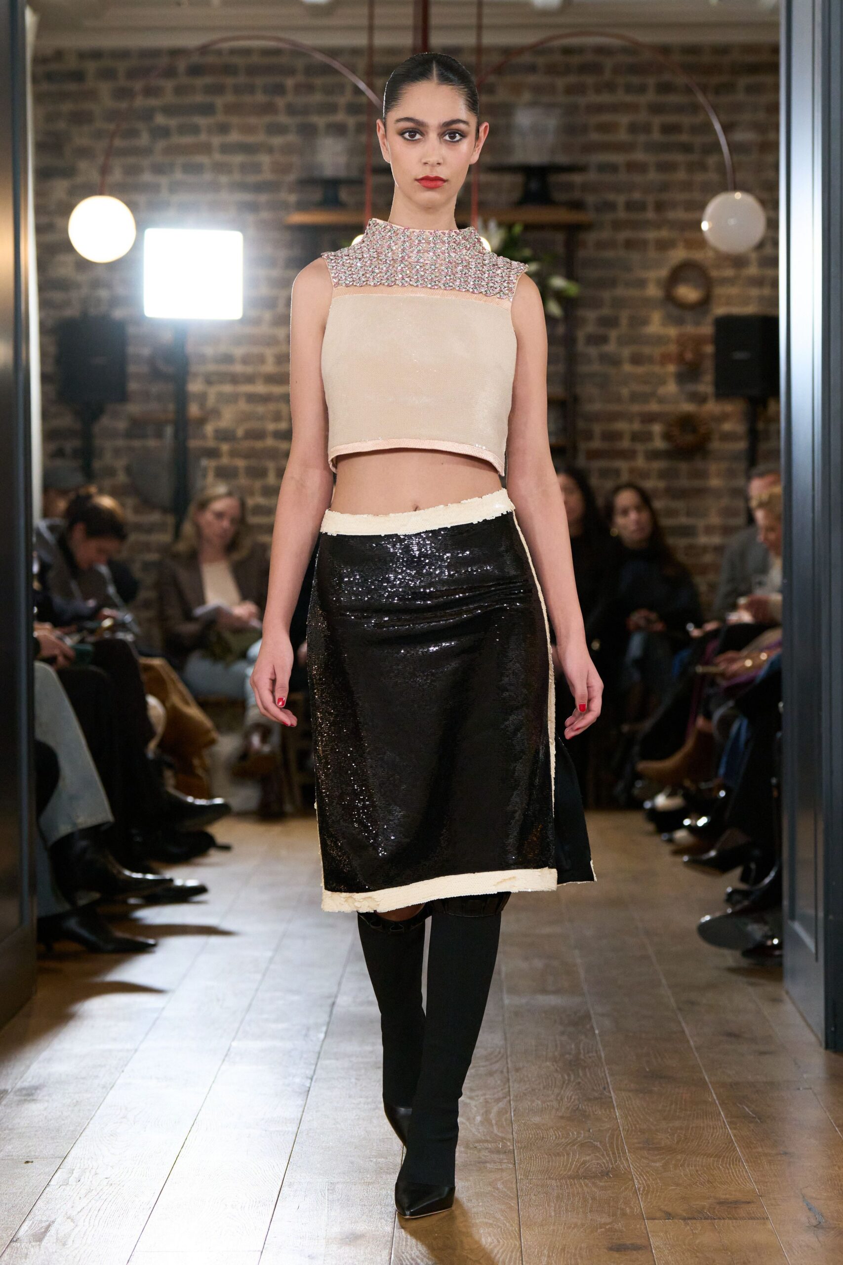 beige silk sleeveless high-neck fitted embellished cropped crop-top